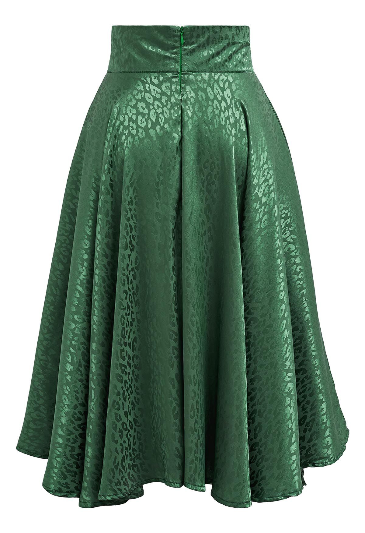 Jupe midi évasée évasée à la taille en jacquard léopard brillant en vert