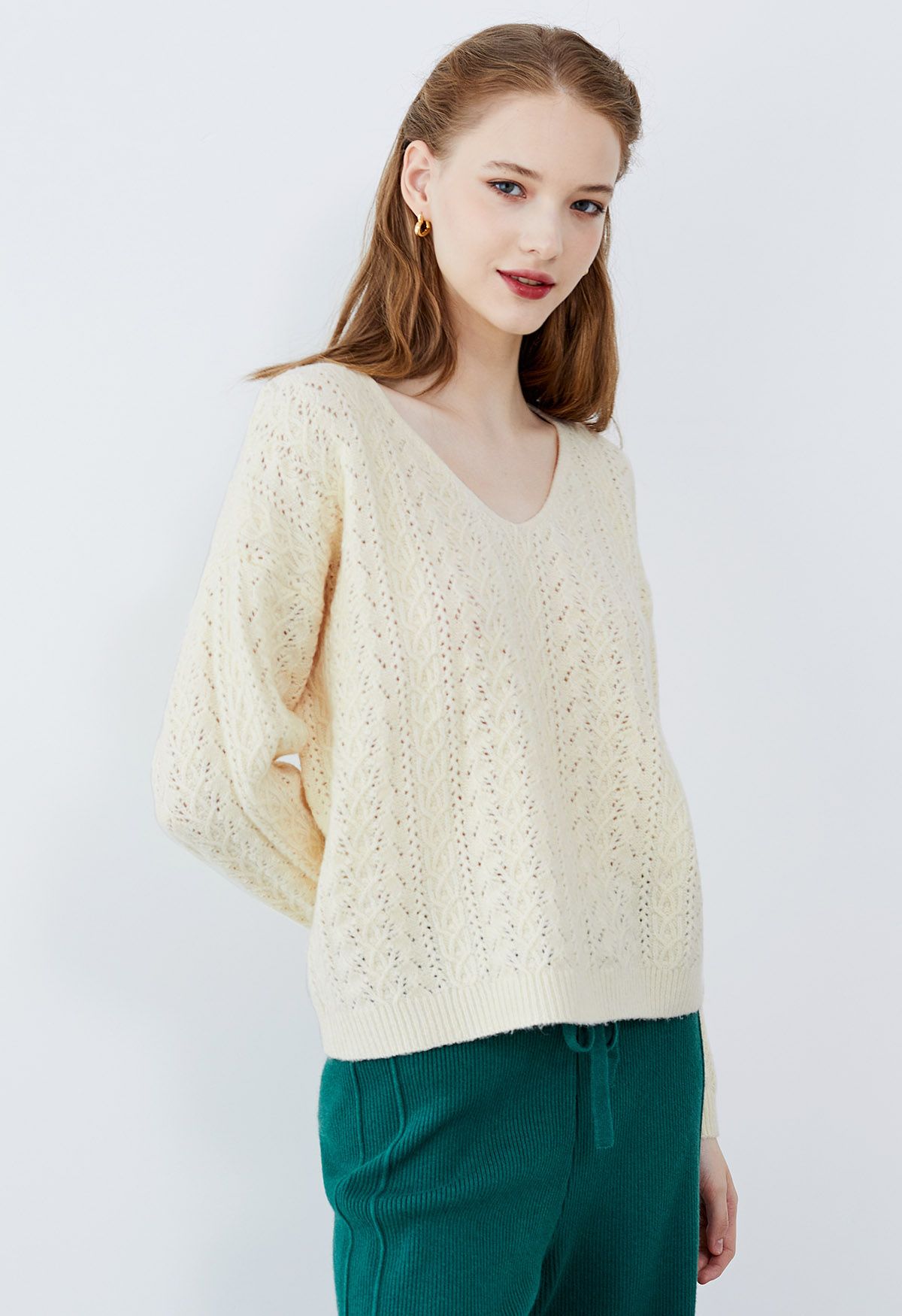 Pull en tricot pointelle à col en V en crème