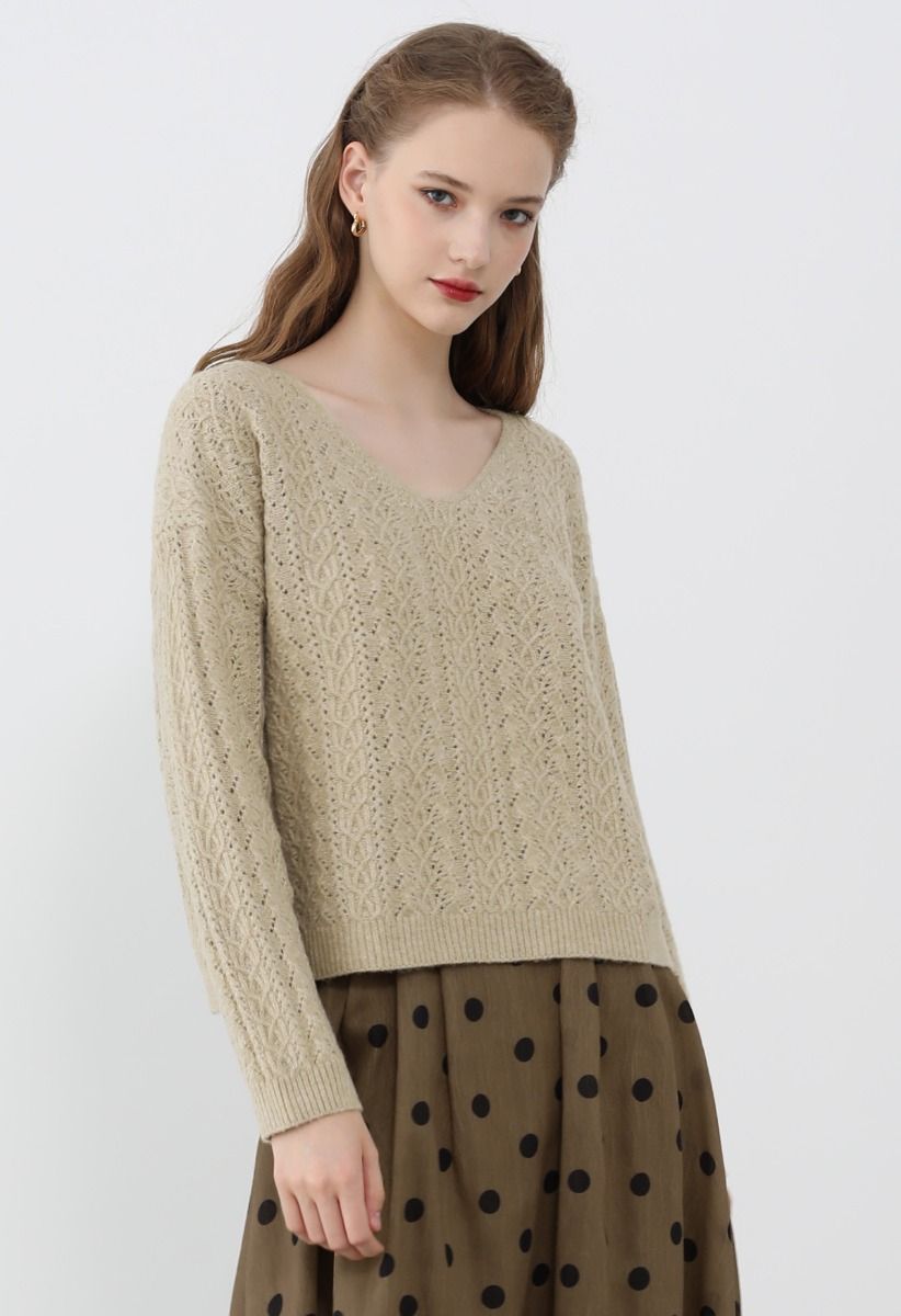 Pull en tricot pointelle à col en V en beige clair