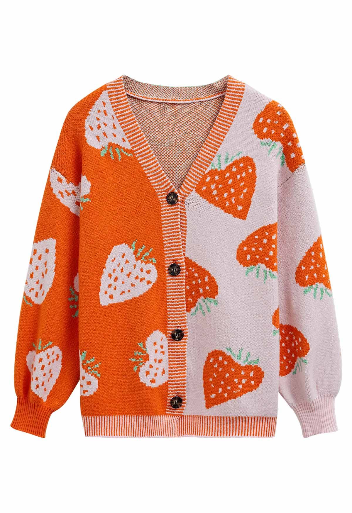 Cardigan boutonné fraise bicolore en orange