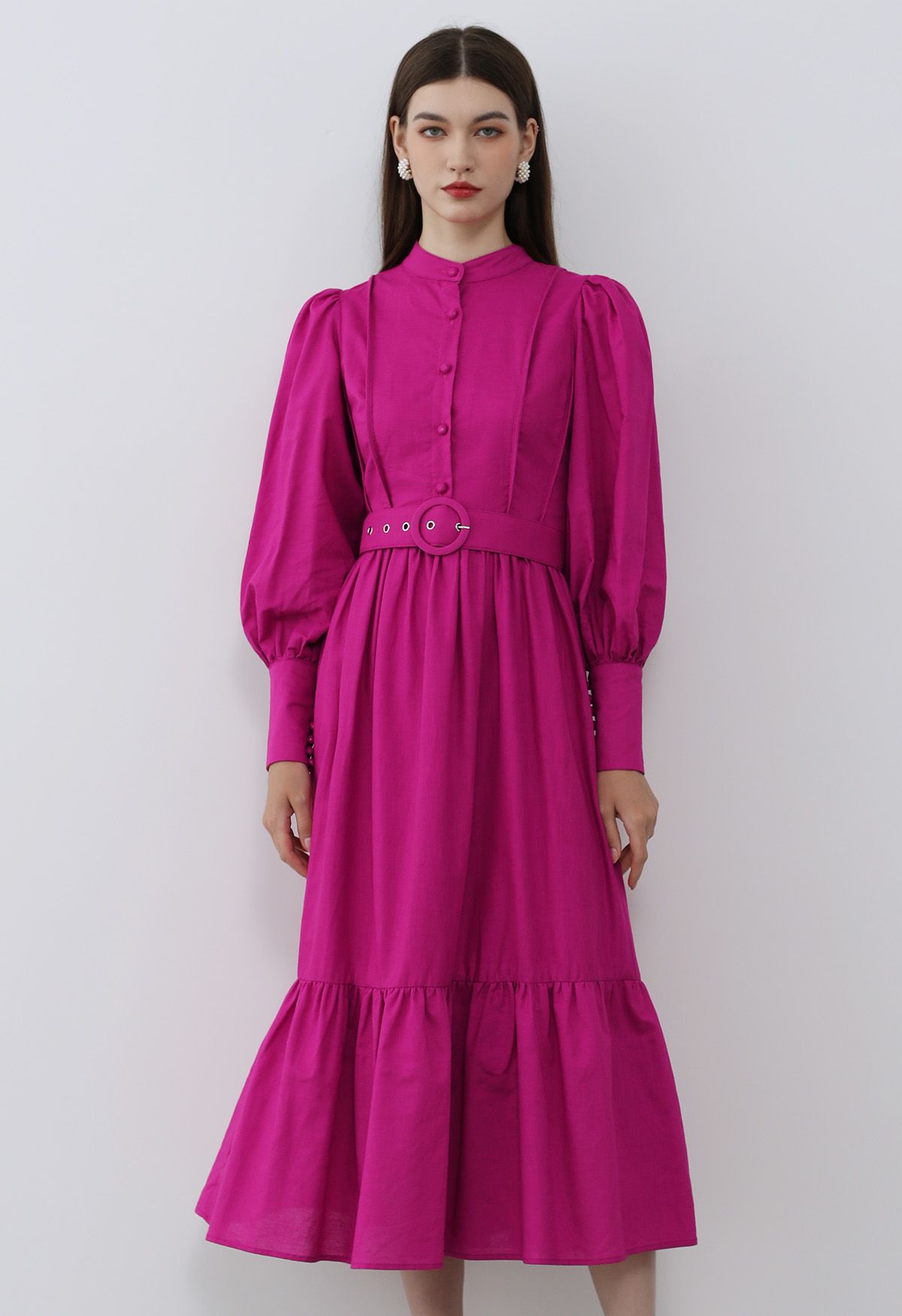 Robe midi boutonnée en mélange de lin à manches lanternes en magenta