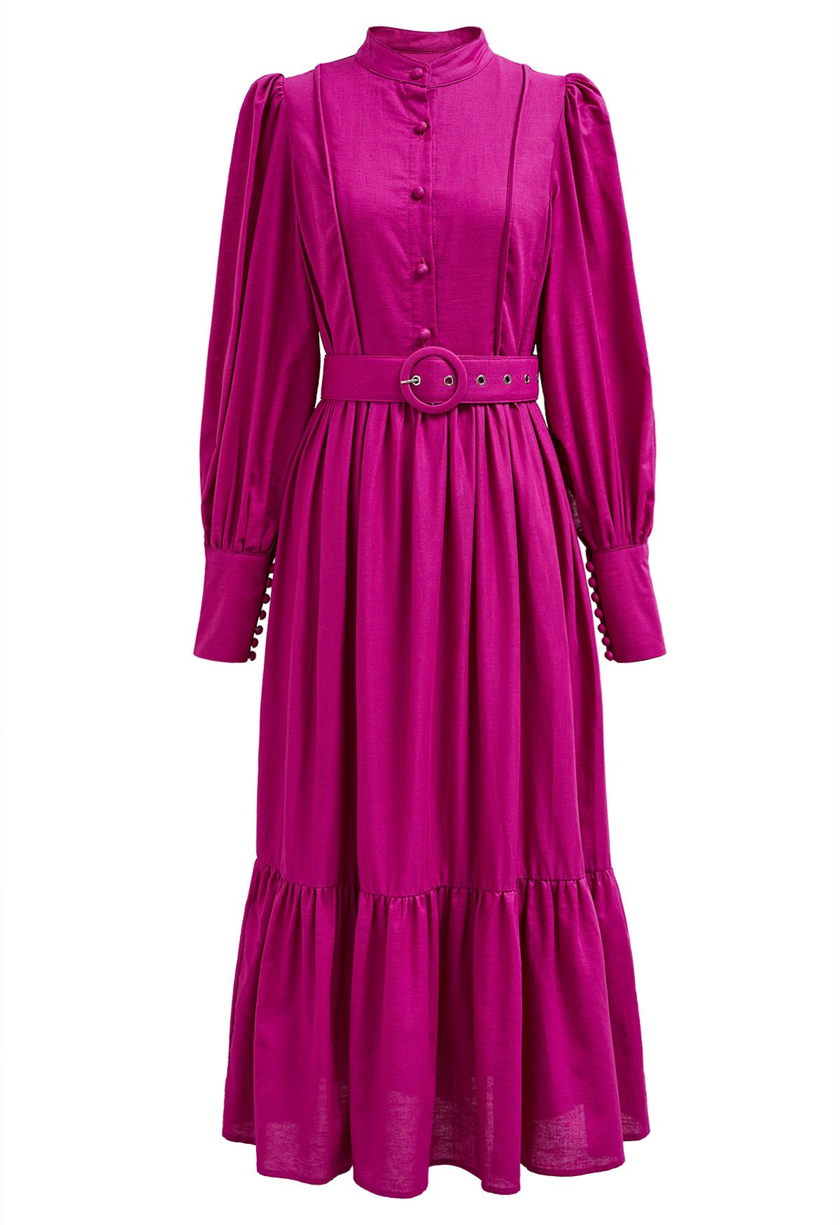 Robe midi boutonnée en mélange de lin à manches lanternes en magenta