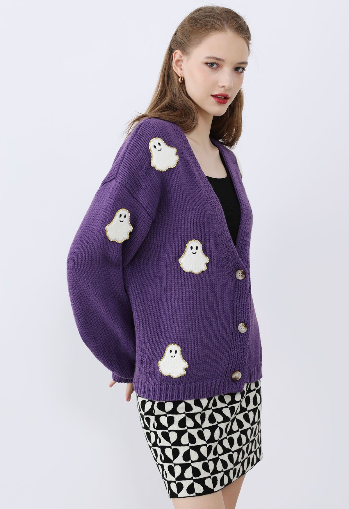 Cardigan en tricot boutonné avec patch fantôme d'Halloween en violet