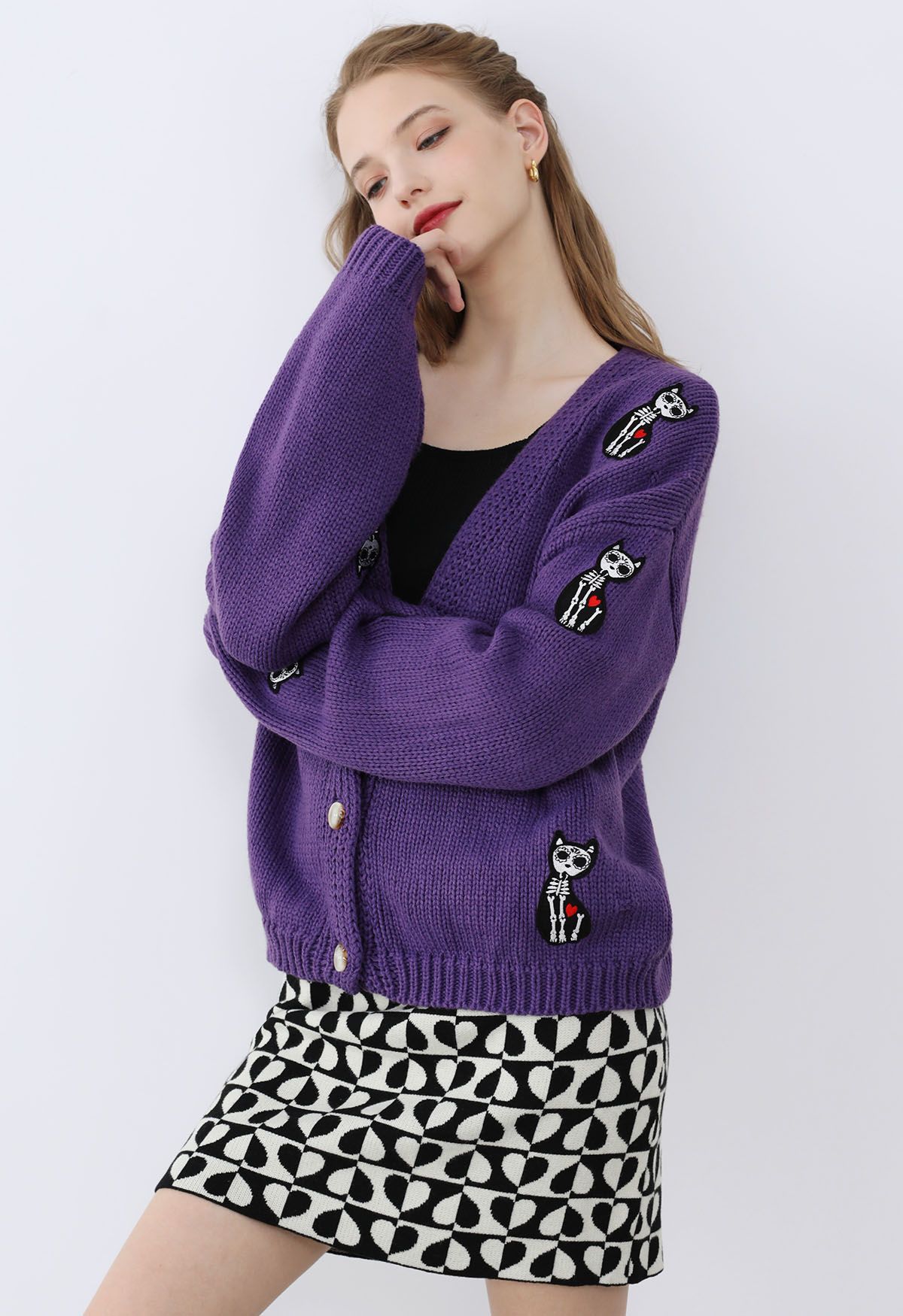 Cardigan en tricot boutonné chat squelette