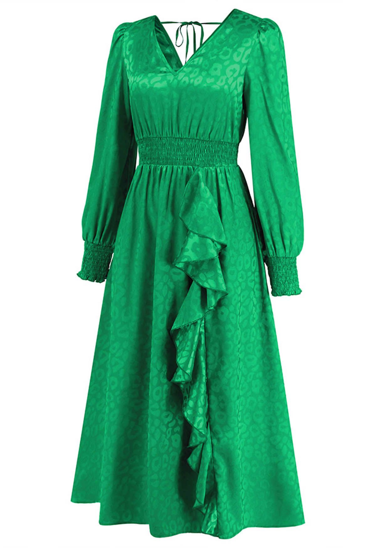 Robe longue à volants en jacquard léopard brillant en vert