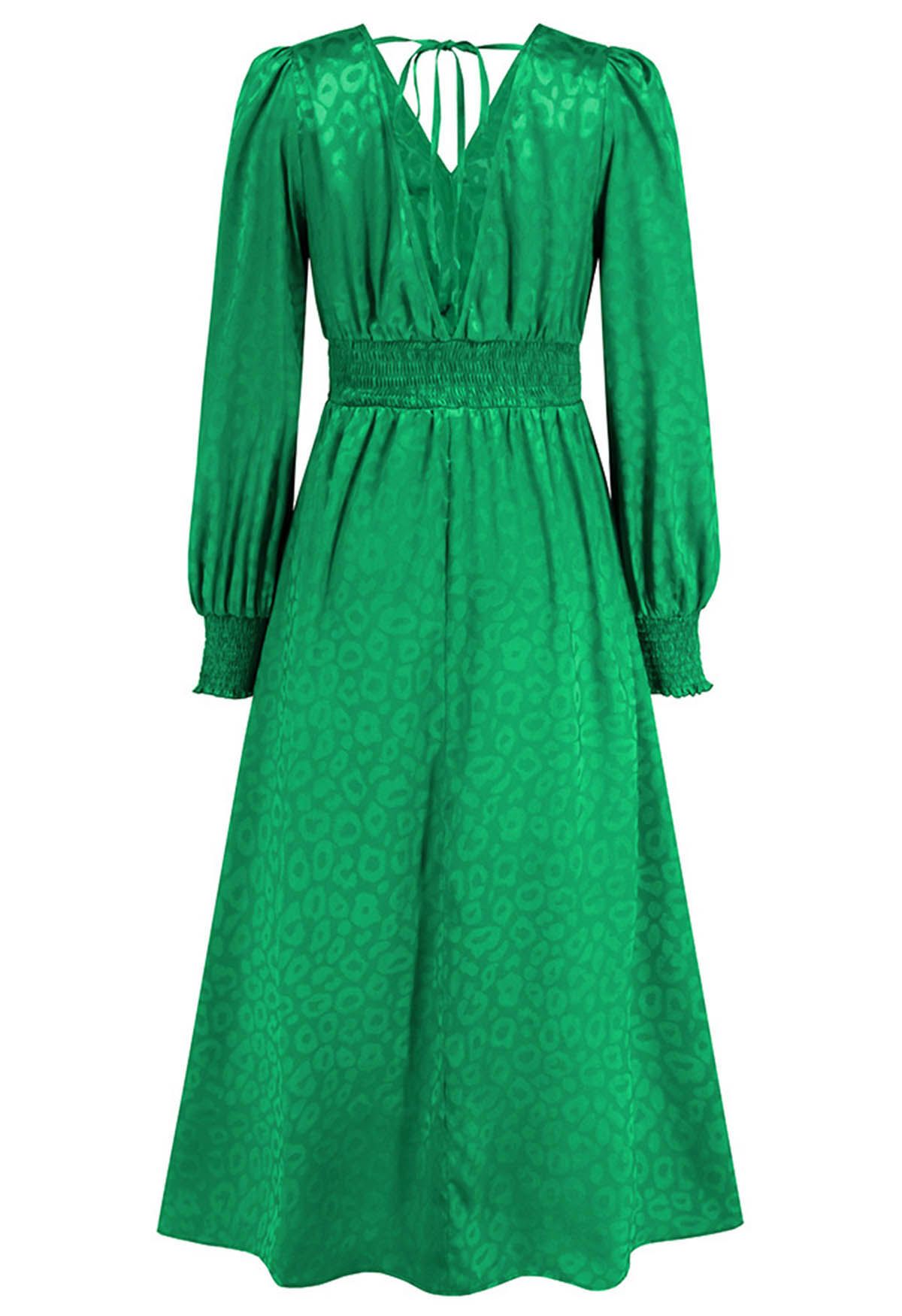 Robe longue à volants en jacquard léopard brillant en vert