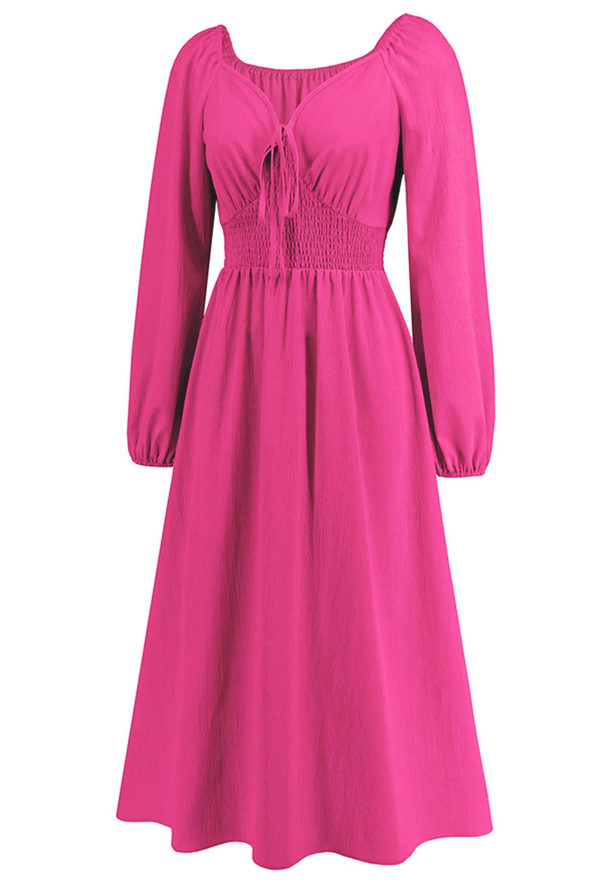 Robe mi-longue nouée sur le devant à col en cœur, magenta