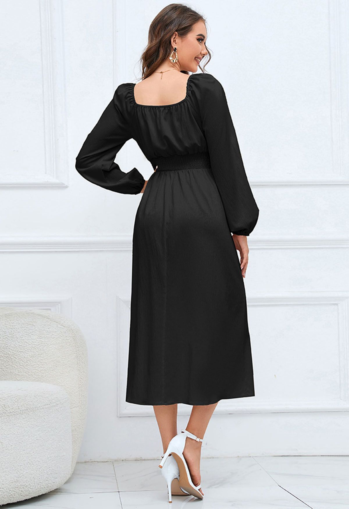 Robe midi nouée sur le devant à col en cœur en noir