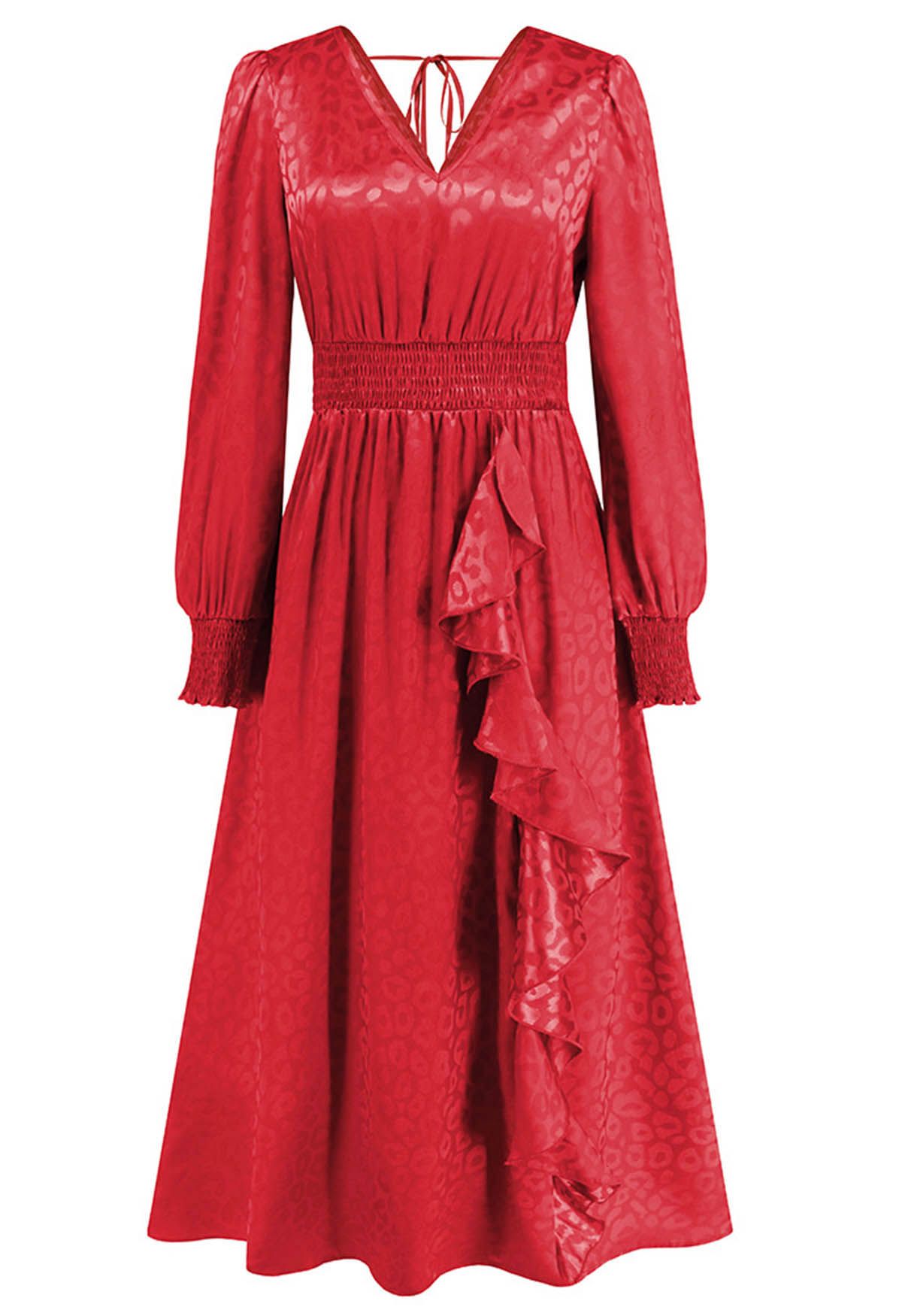 Robe longue à volants en jacquard léopard brillant en rouge