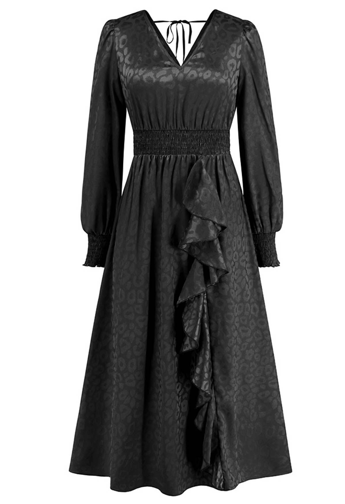 Robe longue à volants en jacquard léopard brillant en noir