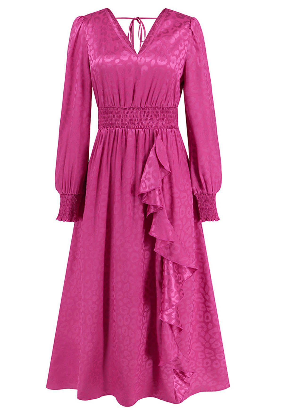 Robe longue à volants en jacquard léopard brillant en magenta