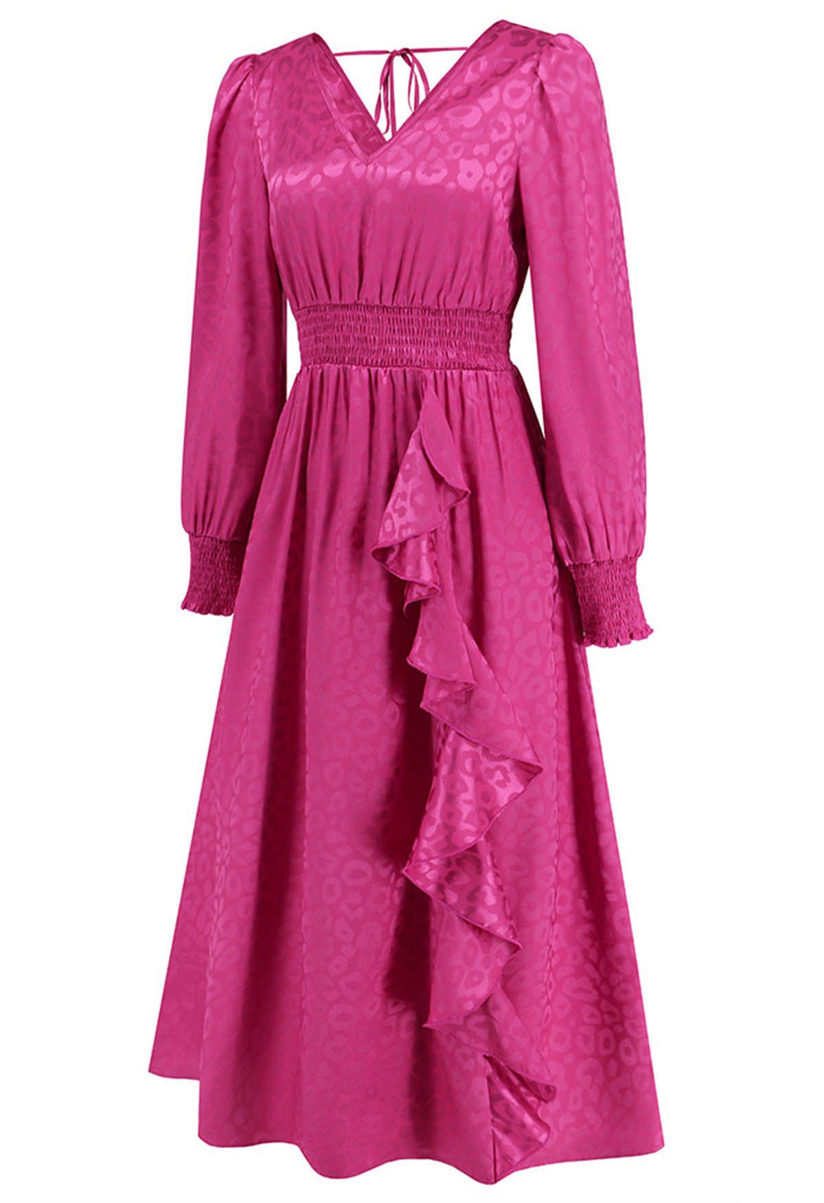 Robe longue à volants en jacquard léopard brillant en magenta