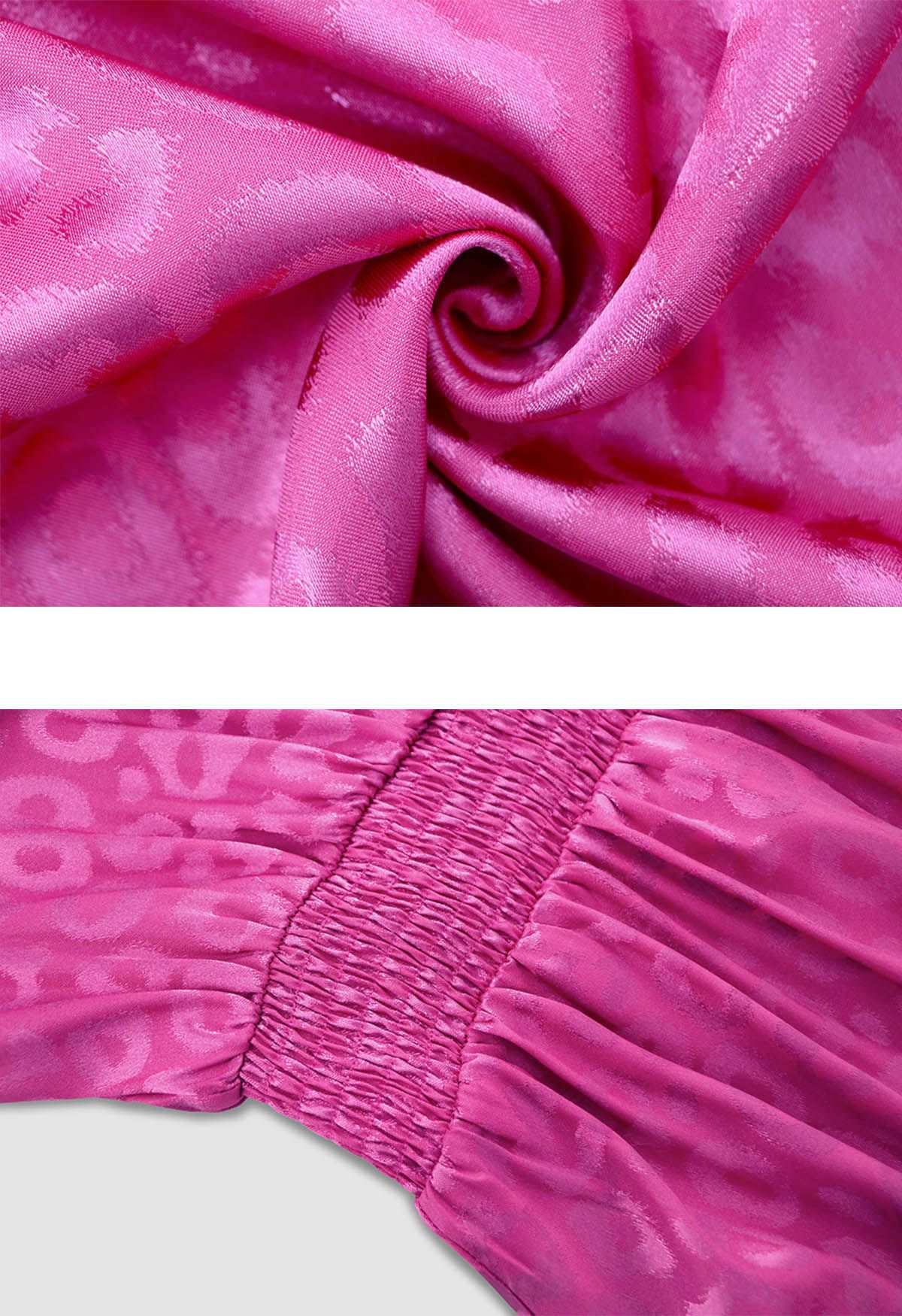 Robe longue à volants en jacquard léopard brillant en magenta