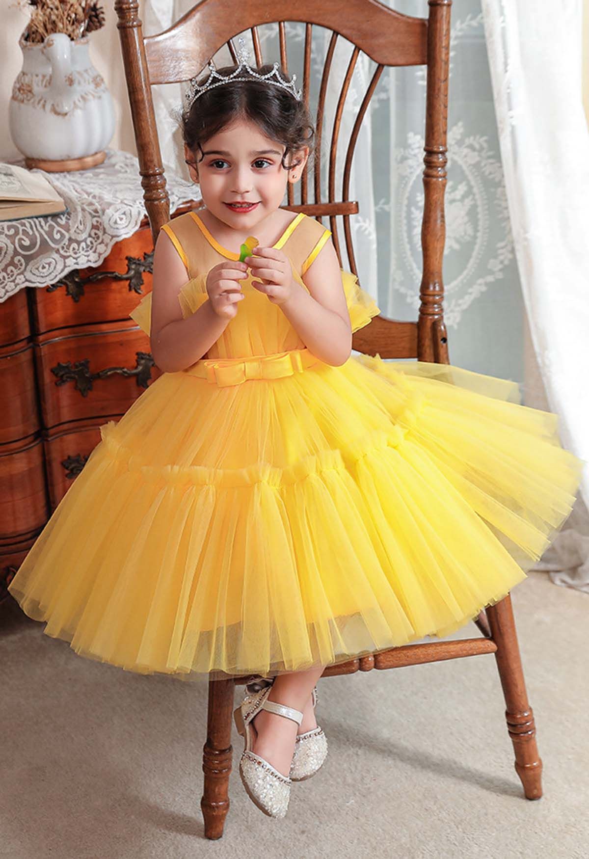 Robe en tulle à la taille avec nœud papillon en jaune pour enfants