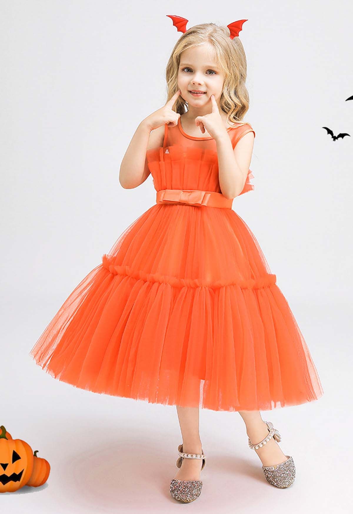 Robe en tulle à la taille avec nœud papillon en orange pour enfants