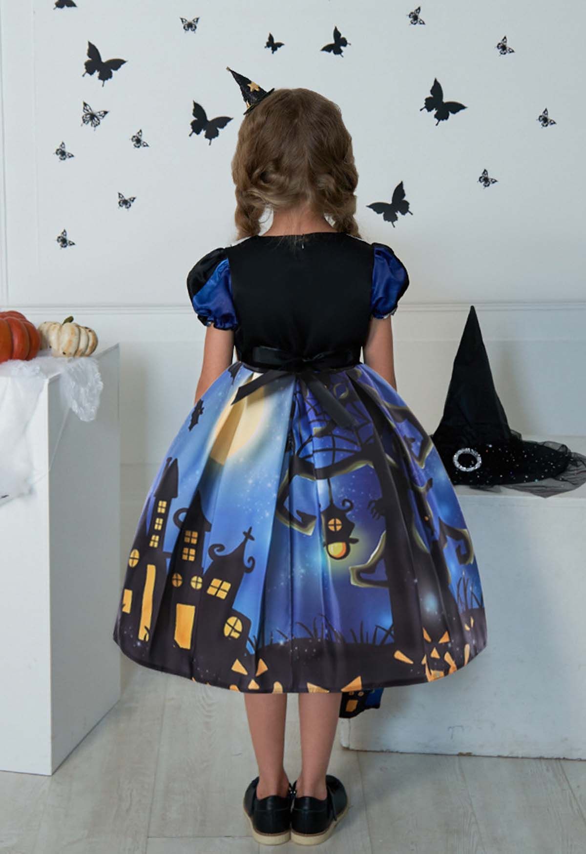 Robe d'Halloween à manches bulles pour enfants avec sac à main