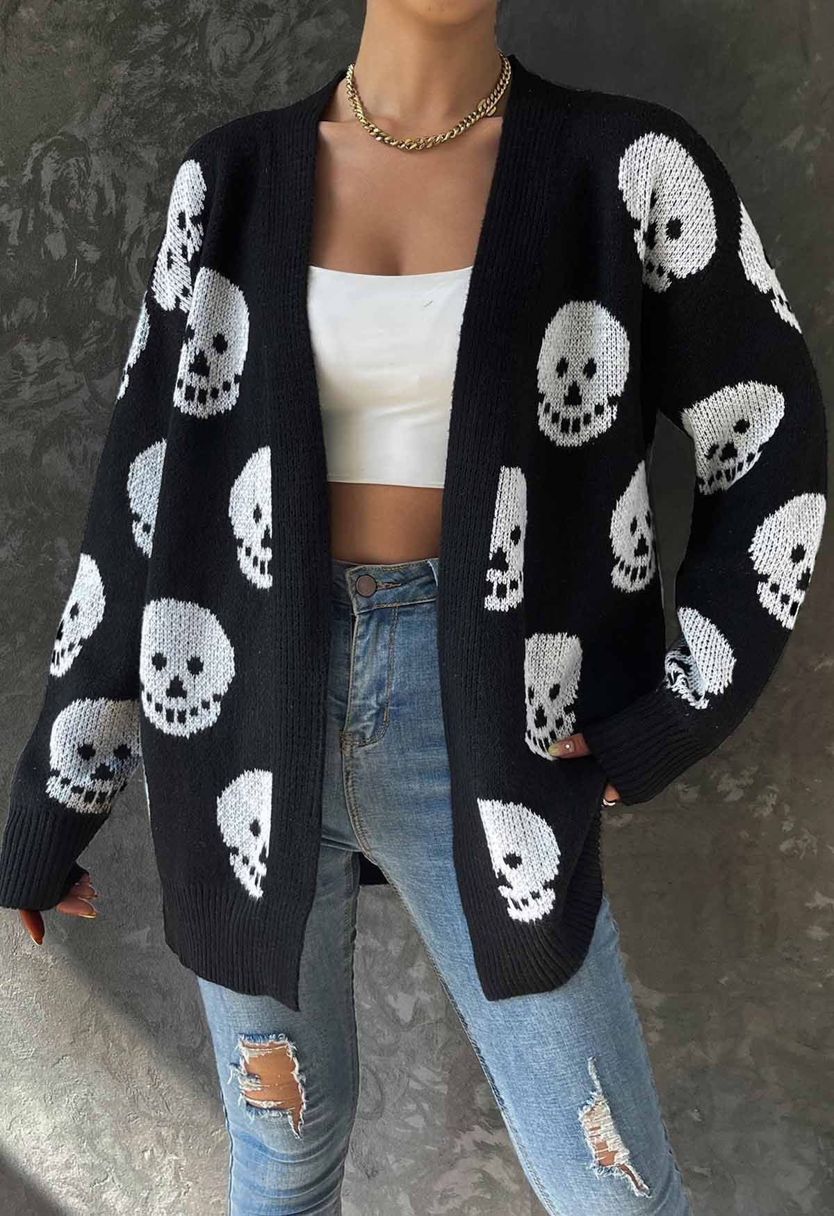 Cardigan long en tricot jacquard tête de mort d'Halloween