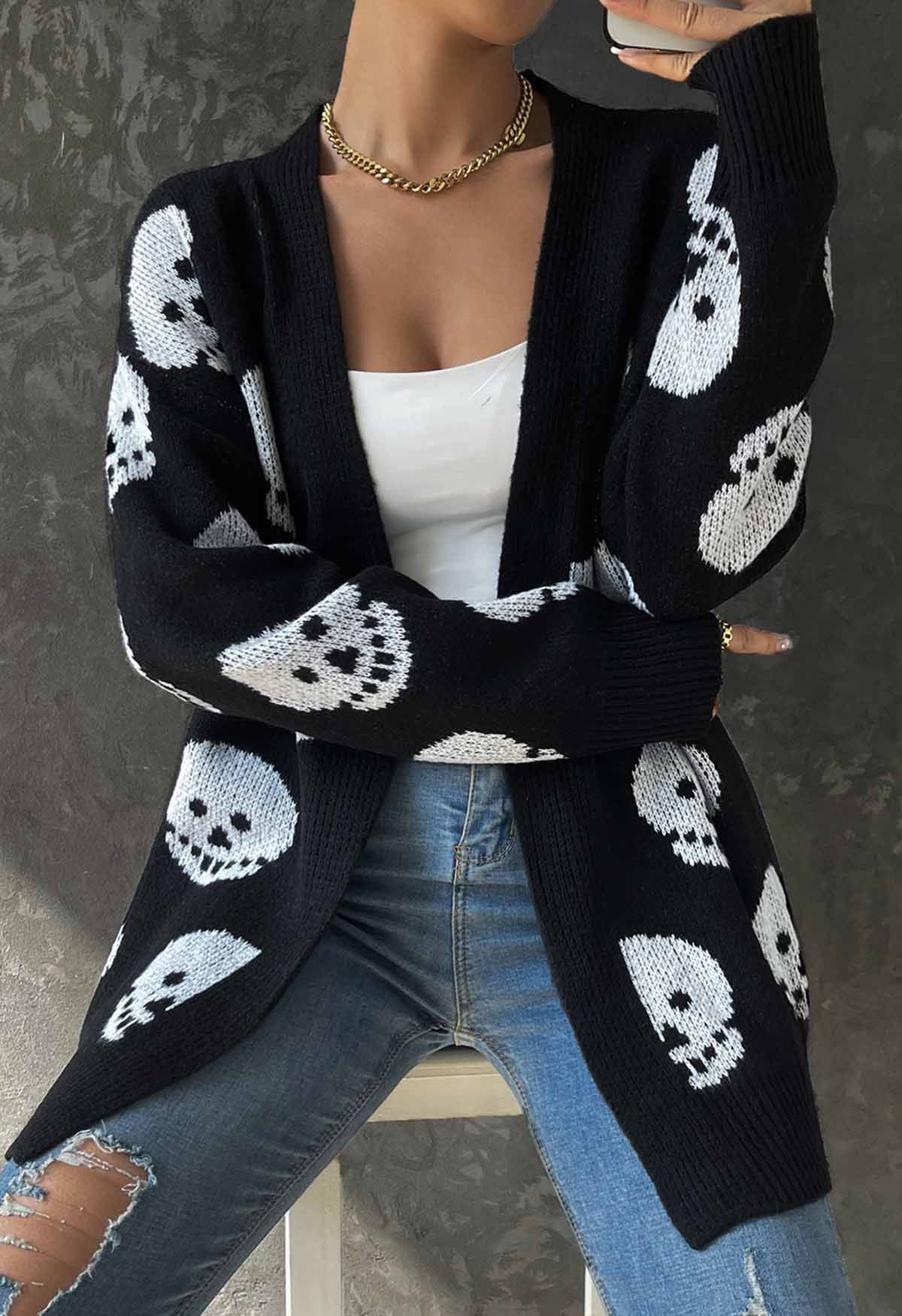 Cardigan long en tricot jacquard tête de mort d'Halloween