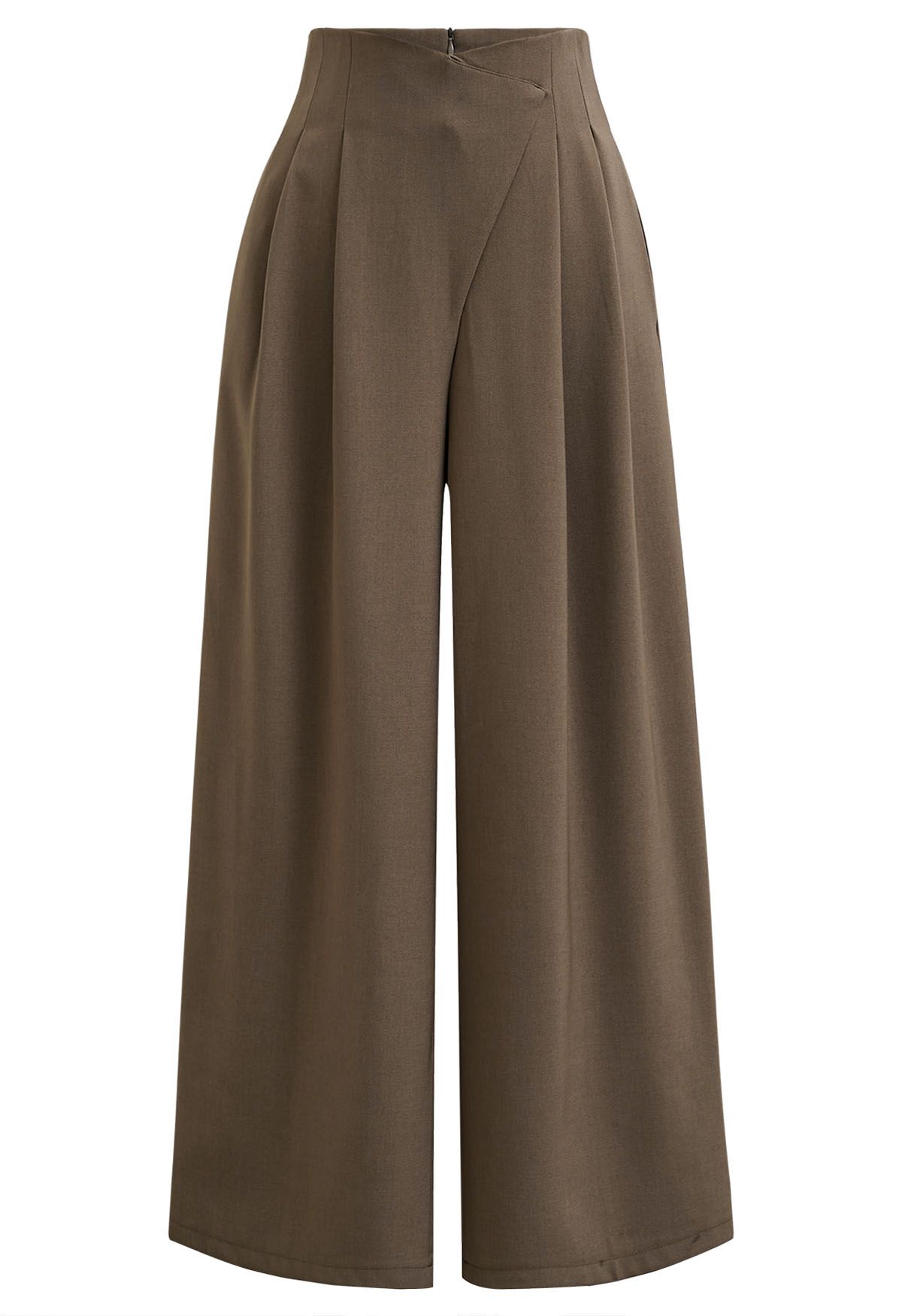 Pantalon droit plissé à taille croisée en marron