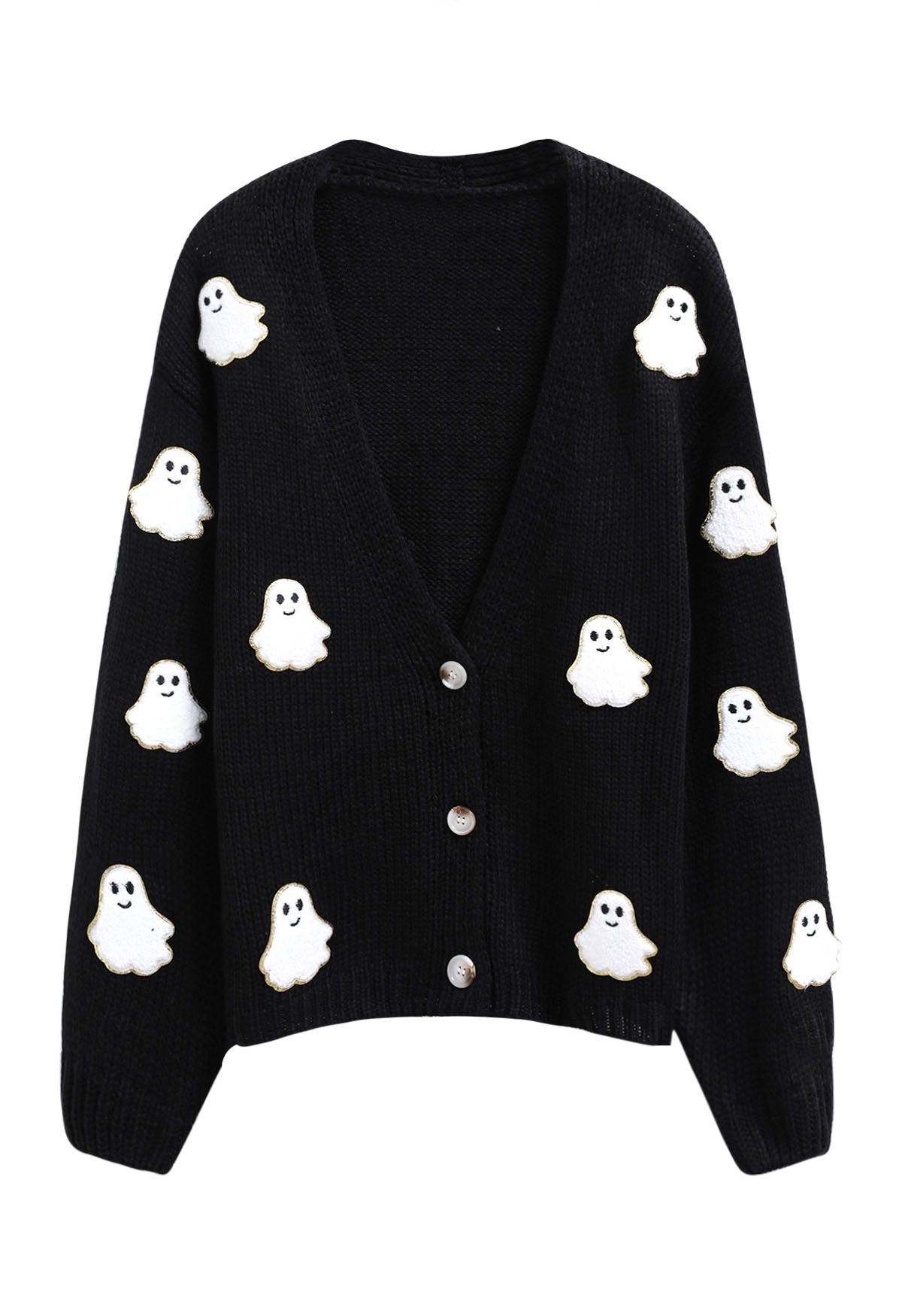 Cardigan en tricot boutonné avec patch fantôme d'Halloween en noir