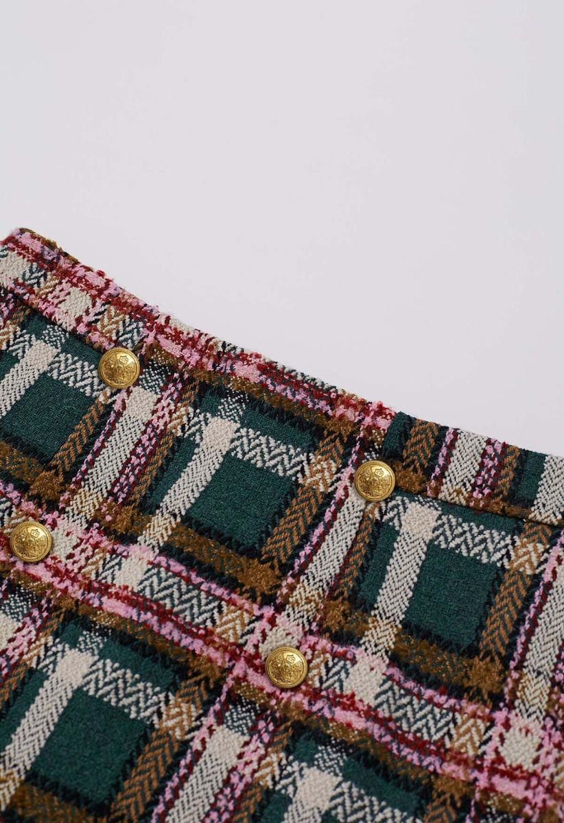 Mini-jupe en laine mélangée à carreaux verte Golden Buttons