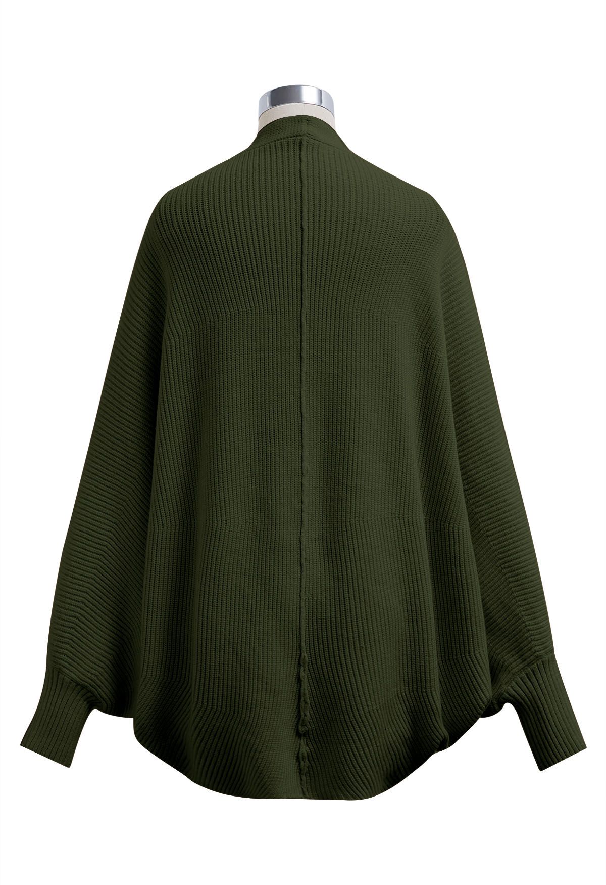 Cardigan en tricot ouvert sur le devant à manches chauve-souris en vert armée
