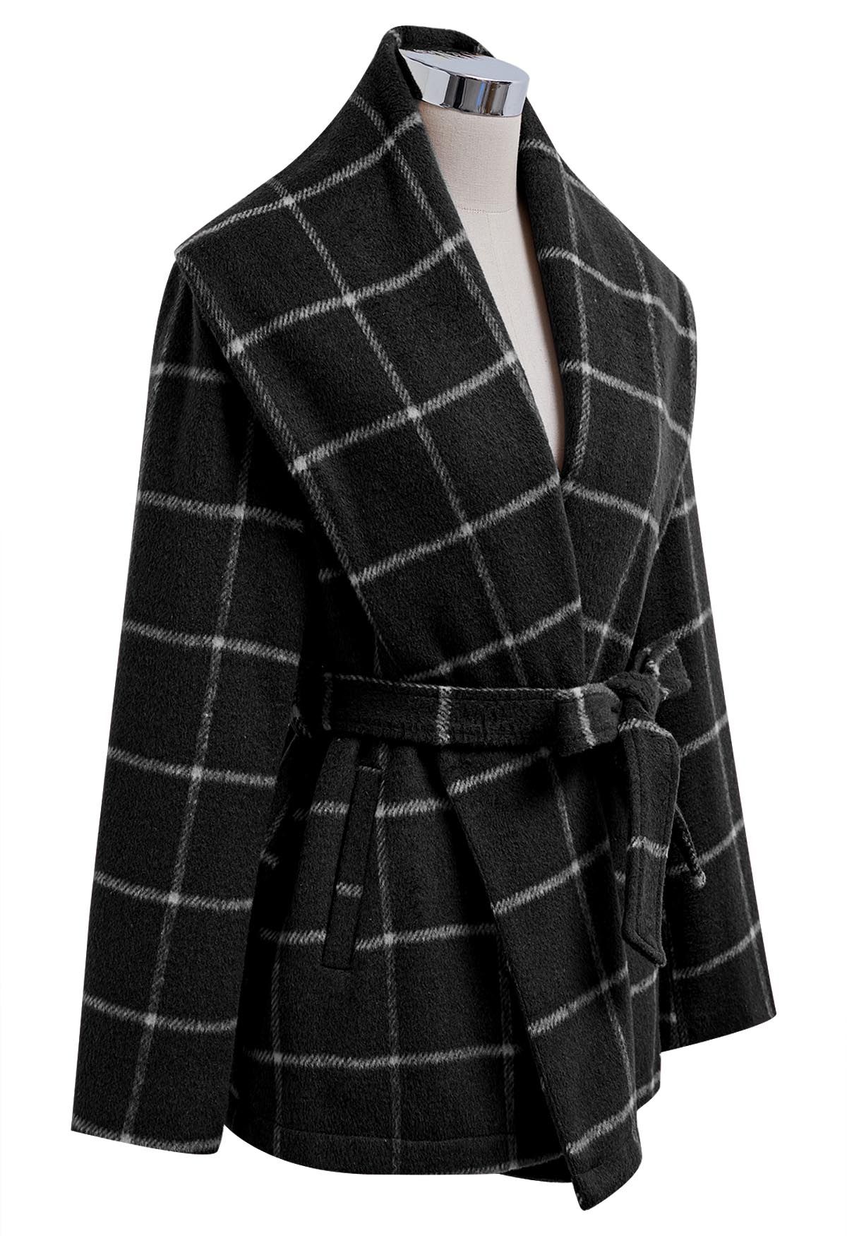 Manteau ouvert à carreaux en laine mélangée, noir