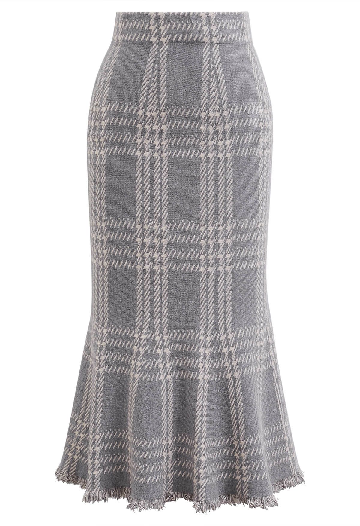 Jupe en tricot à ourlet frangé à carreaux vintage en gris