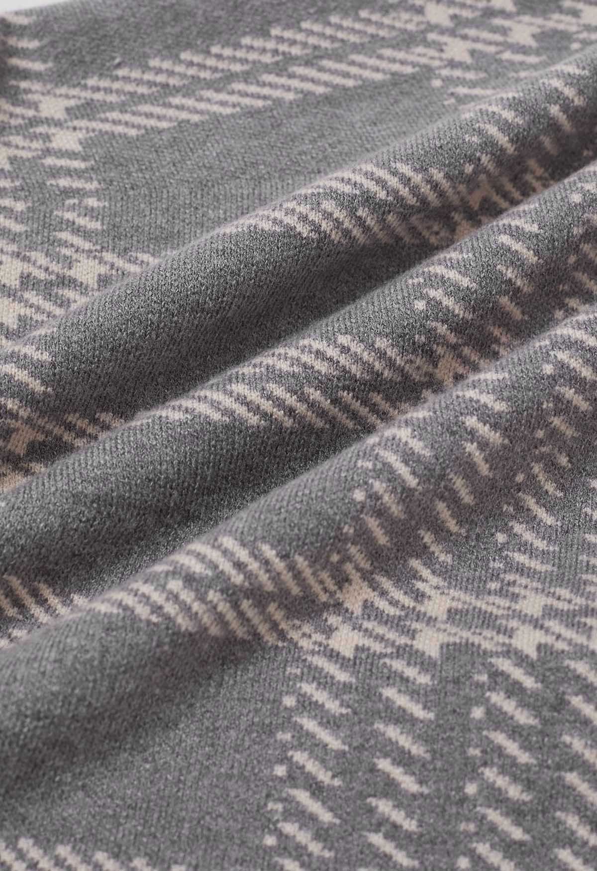 Jupe en tricot à ourlet frangé à carreaux vintage en gris