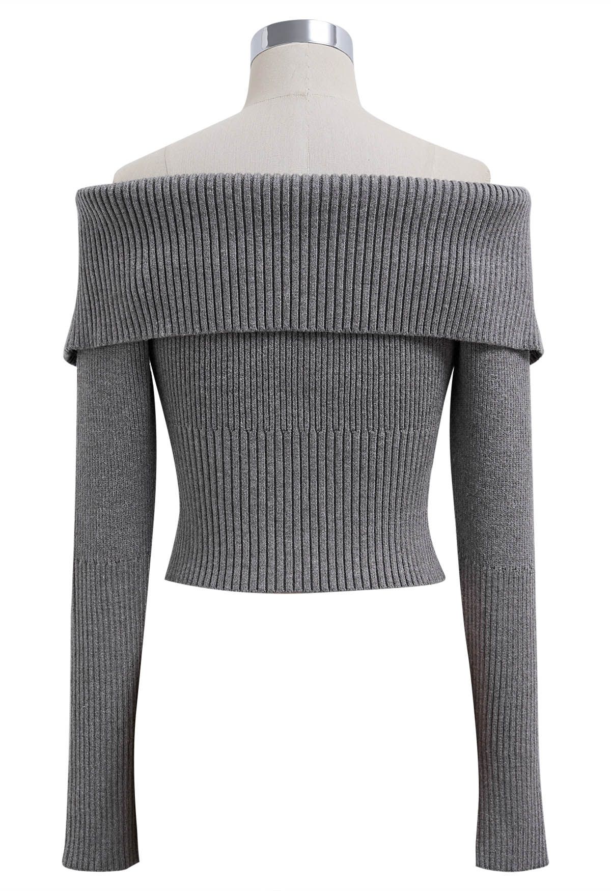 Haut court en tricot zippé à col à rabat en gris