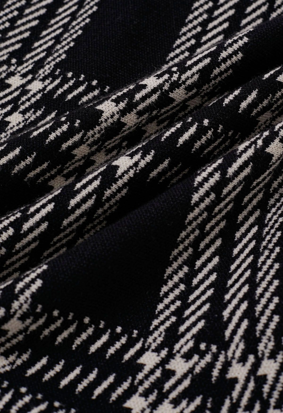 Jupe en tricot à ourlet frangé à carreaux vintage en noir