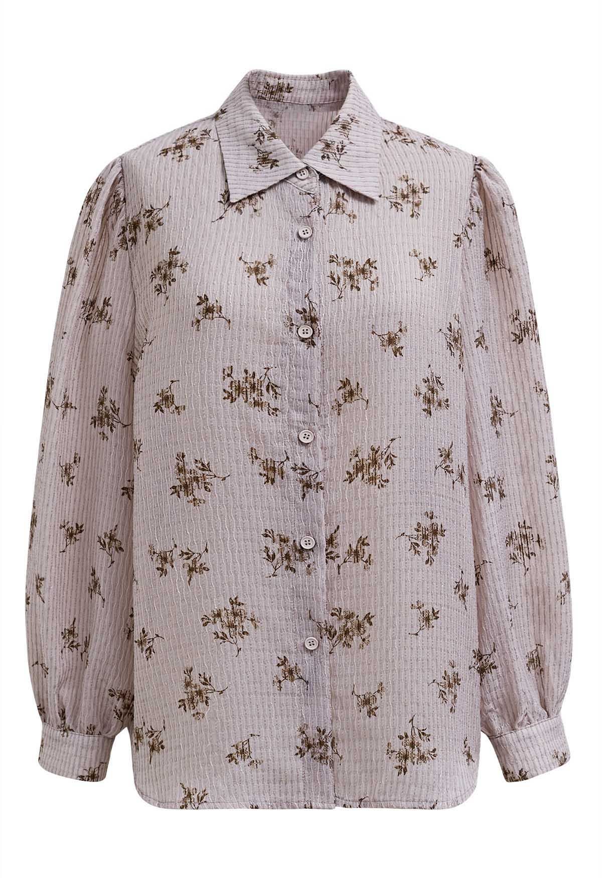 Chemise boutonnée texturée à imprimé fleuri en rose poudré