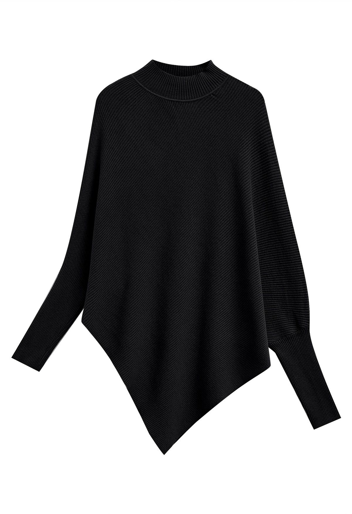 Poncho asymétrique en tricot côtelé à manches chauve-souris en noir