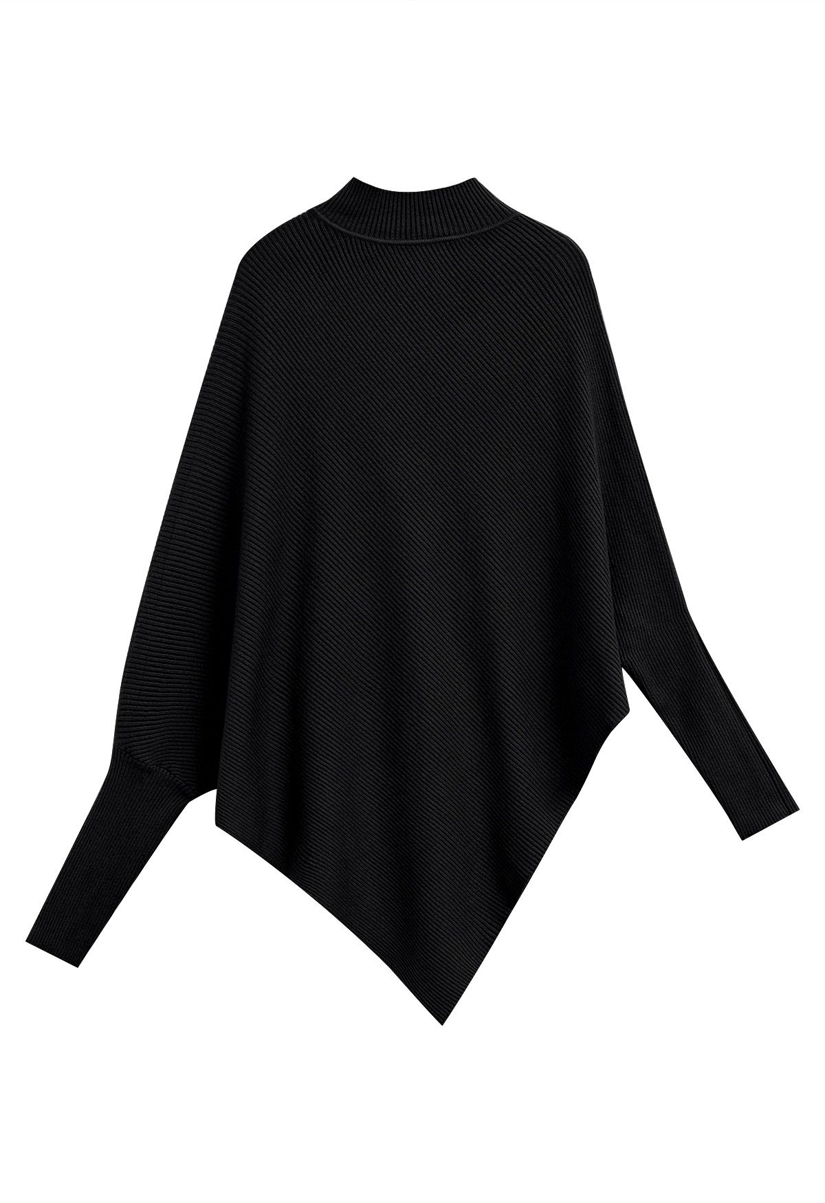 Poncho asymétrique en tricot côtelé à manches chauve-souris en noir