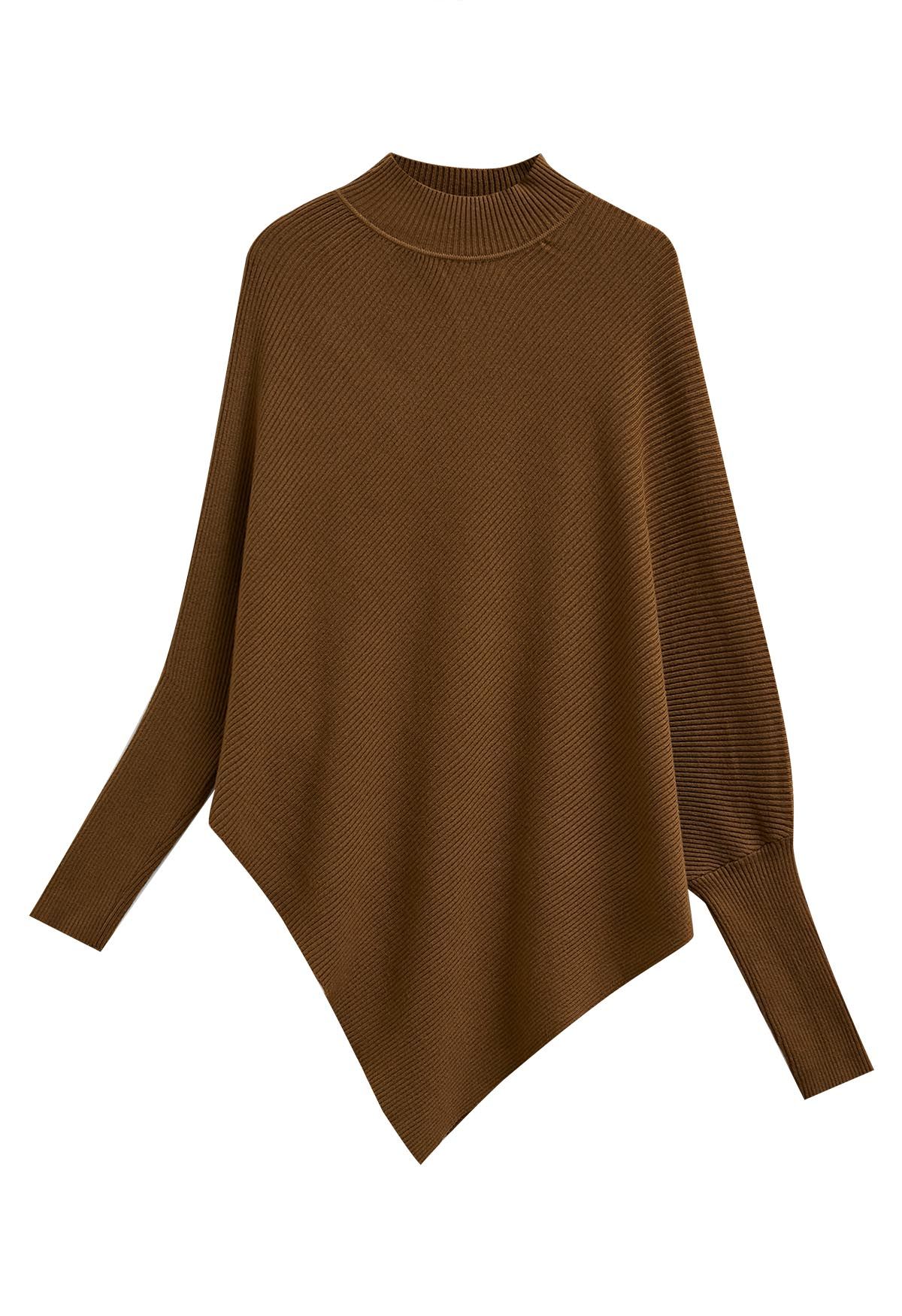 Poncho asymétrique en tricot côtelé à manches chauve-souris en caramel