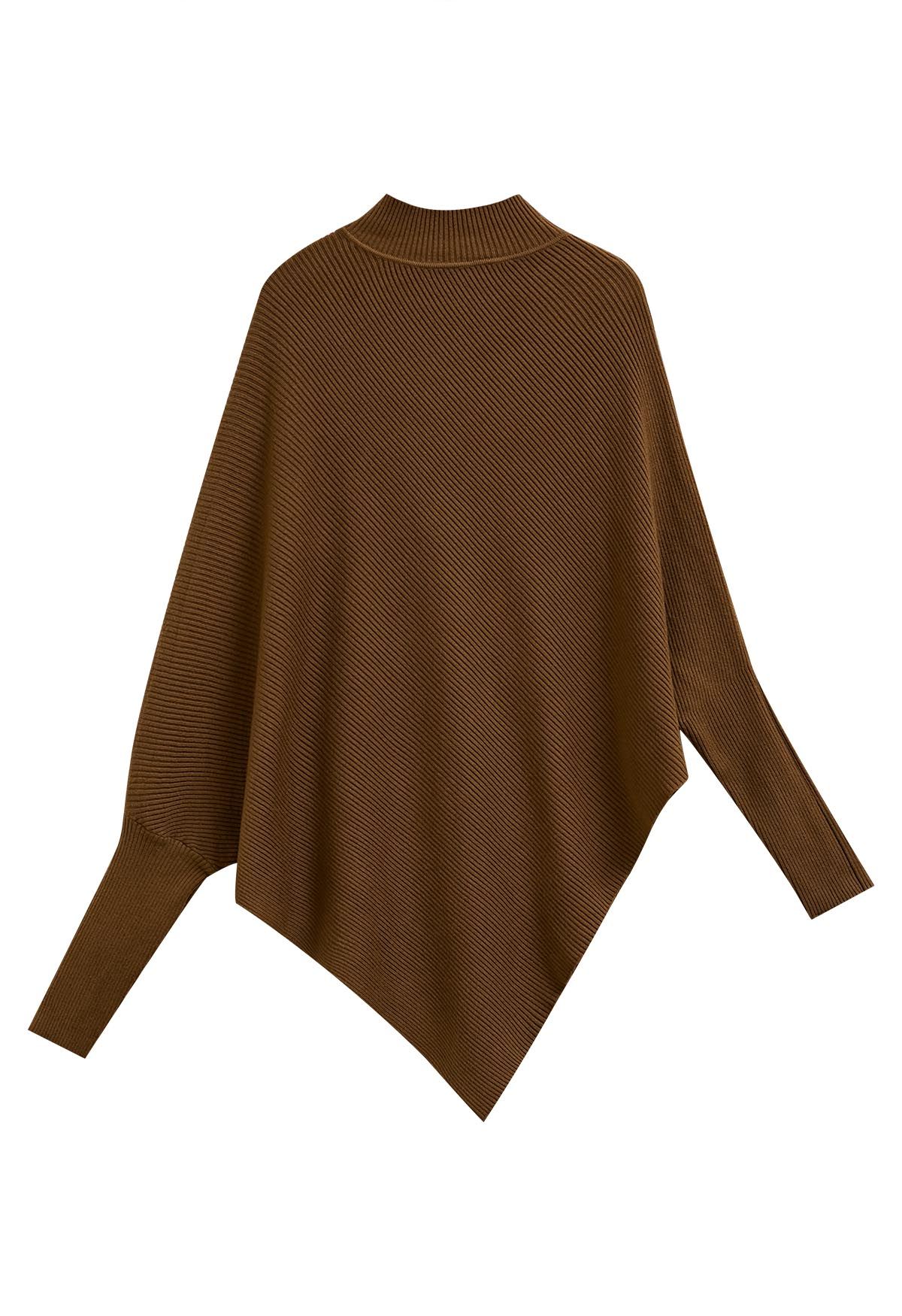 Poncho asymétrique en tricot côtelé à manches chauve-souris en caramel