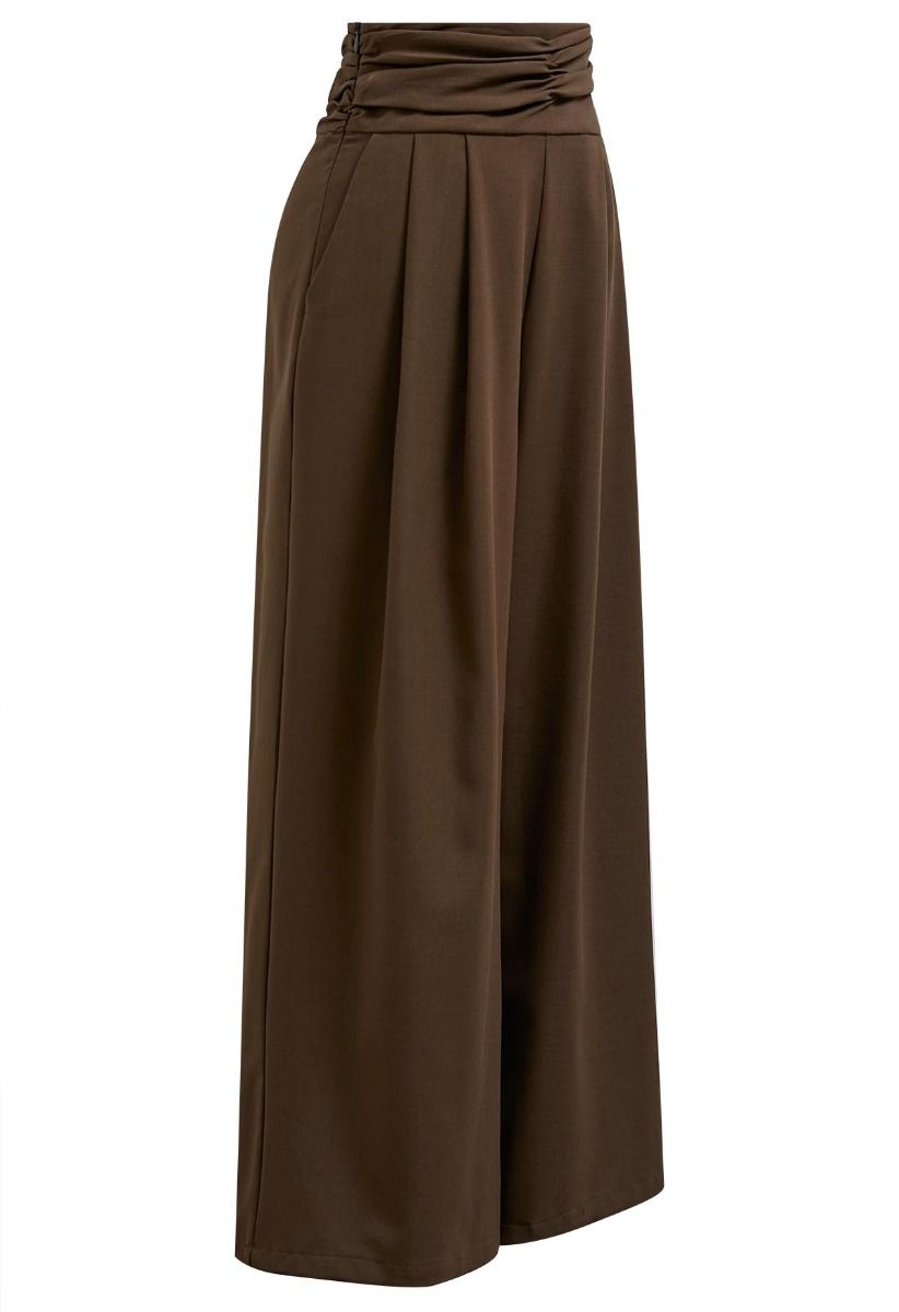 Pantalon large plissé taille haute froncé en marron