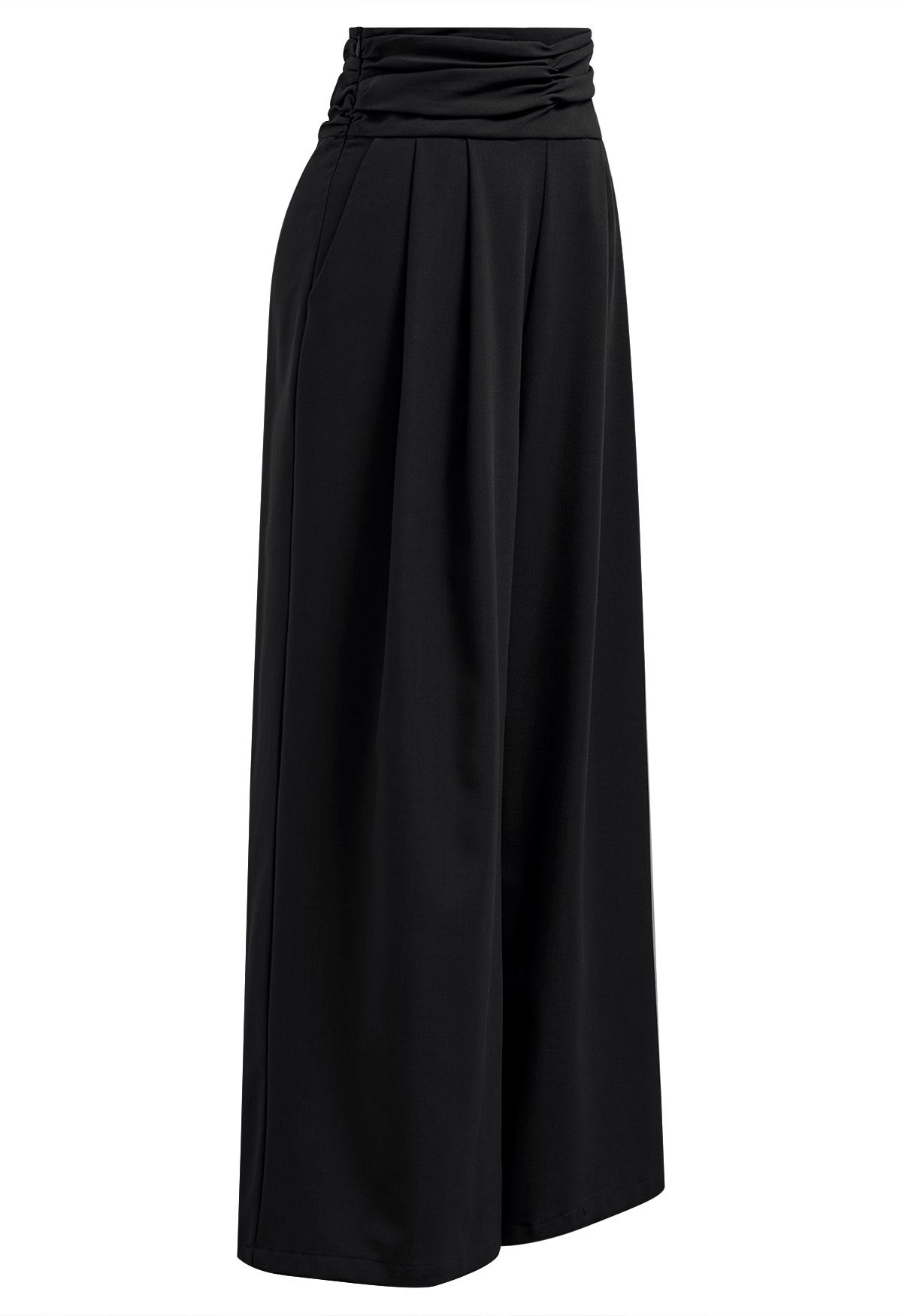 Pantalon large plissé taille haute froncé en noir
