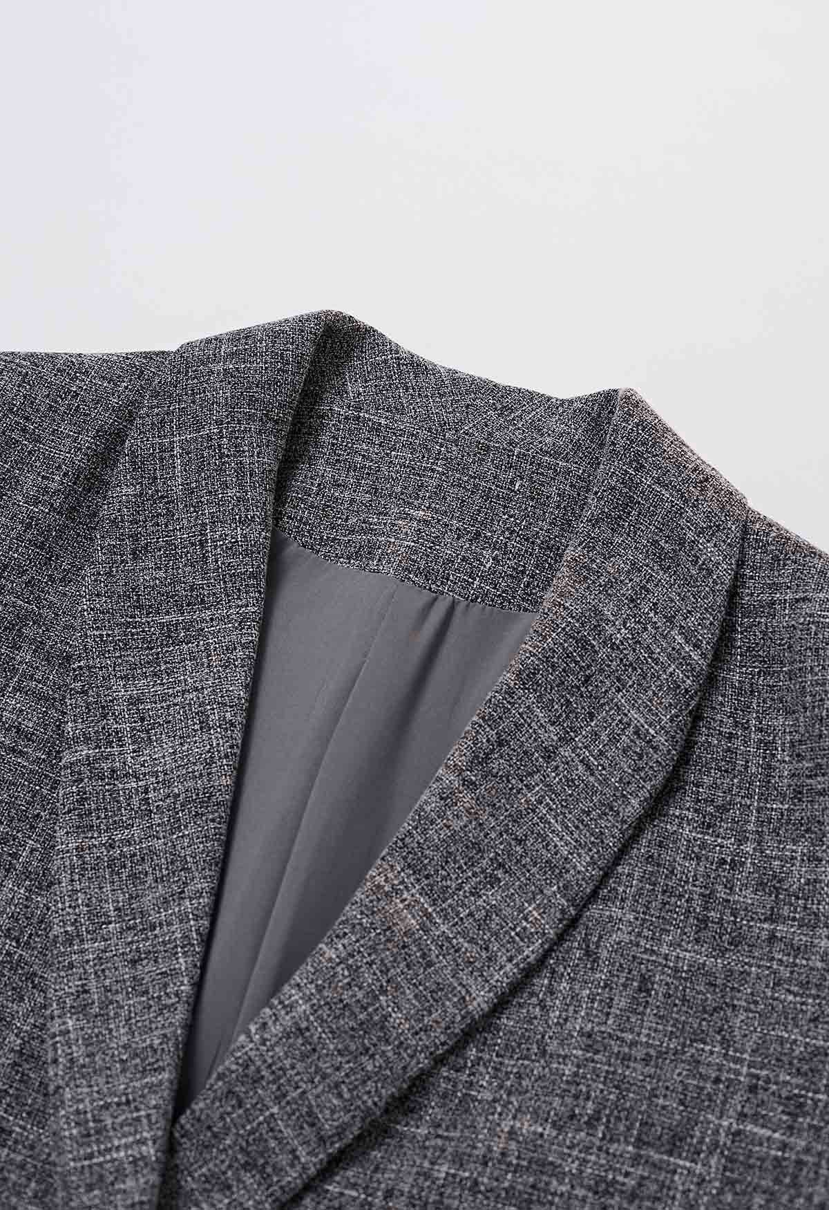 Ensemble blazer en tweed à col châle et jupe crayon à franges en gris