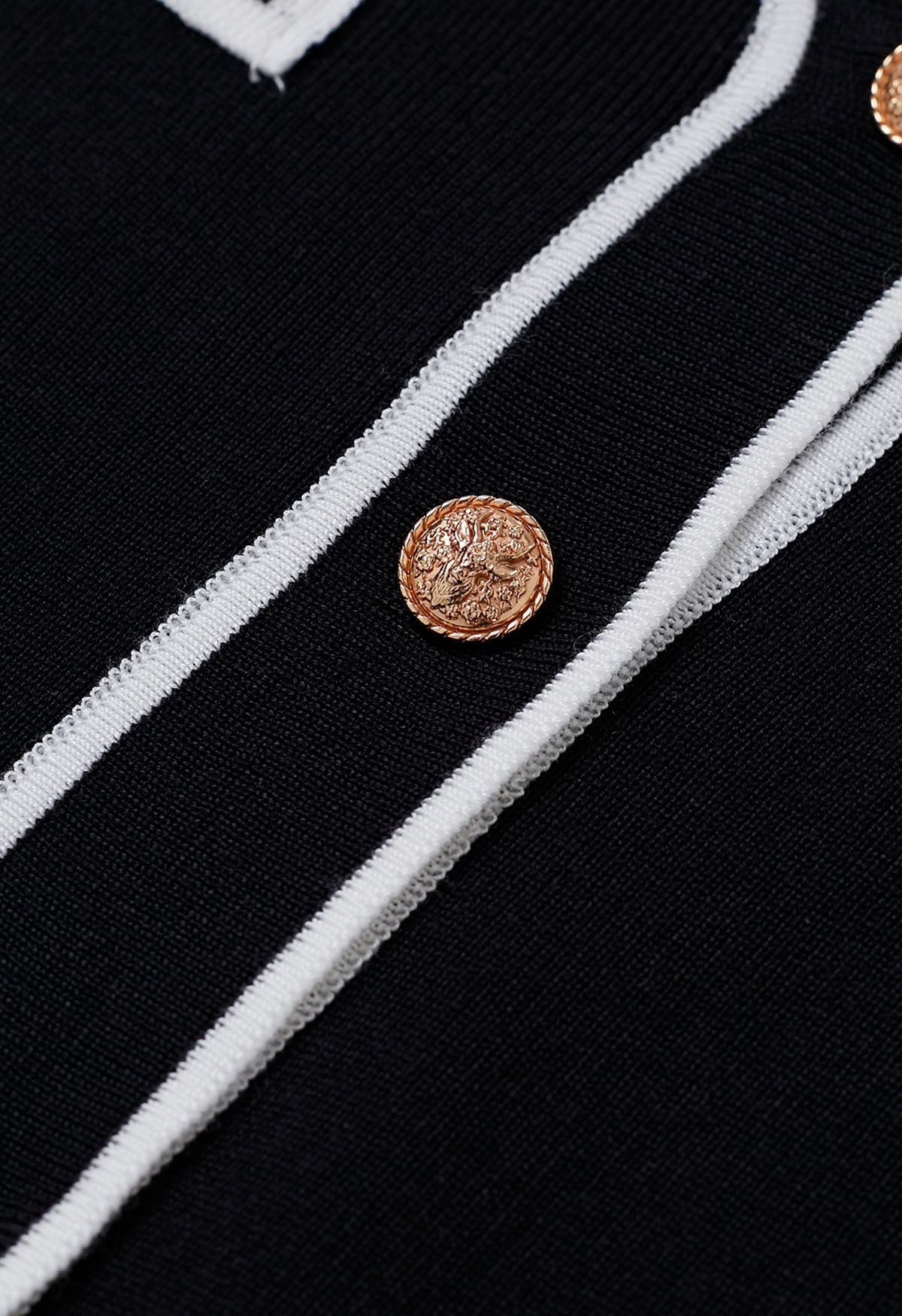Ensemble cardigan et pantalon en tricot avec boutons à bords contrastés en noir