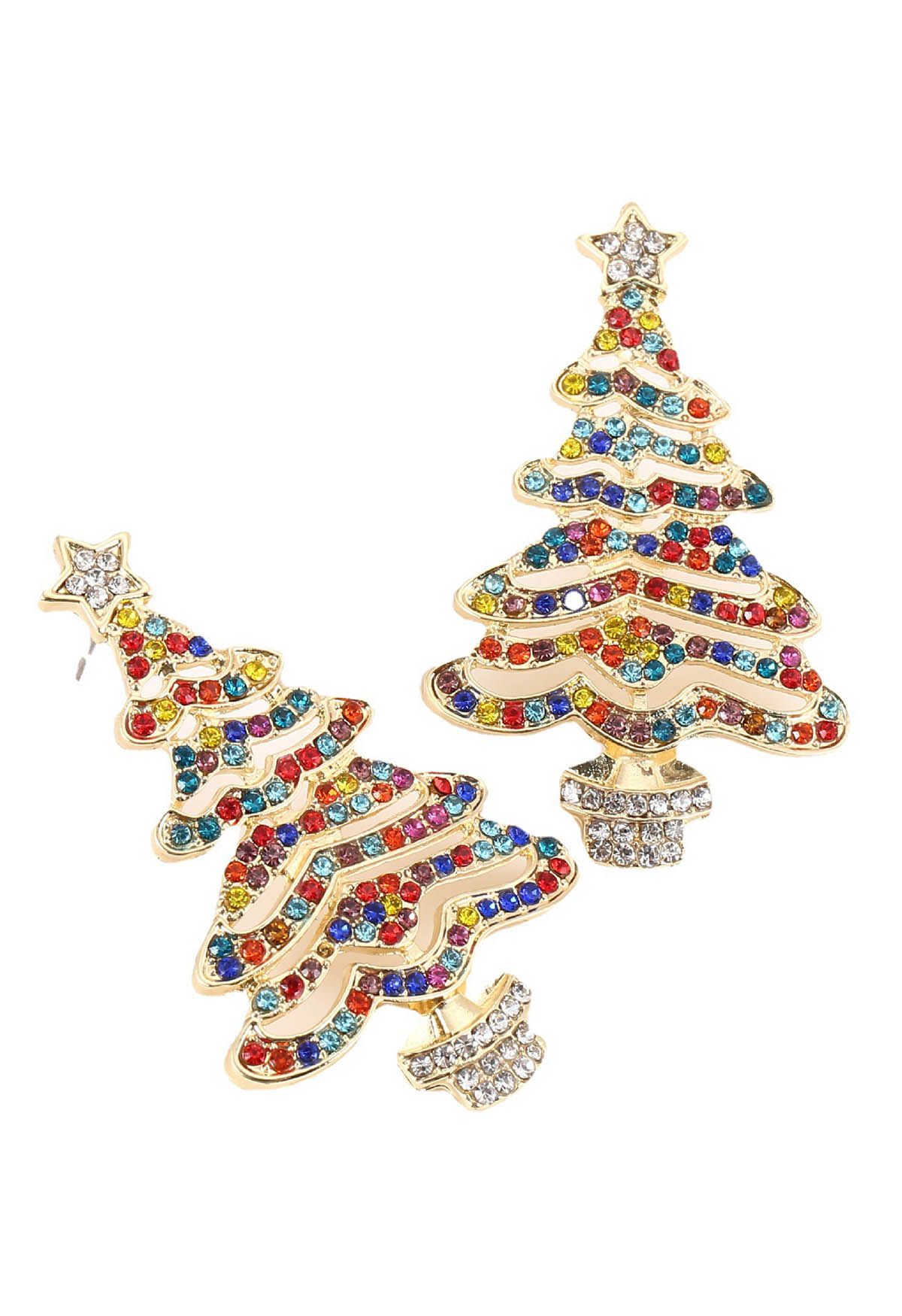 Boucles d'oreilles arbre de Noël en strass coloré