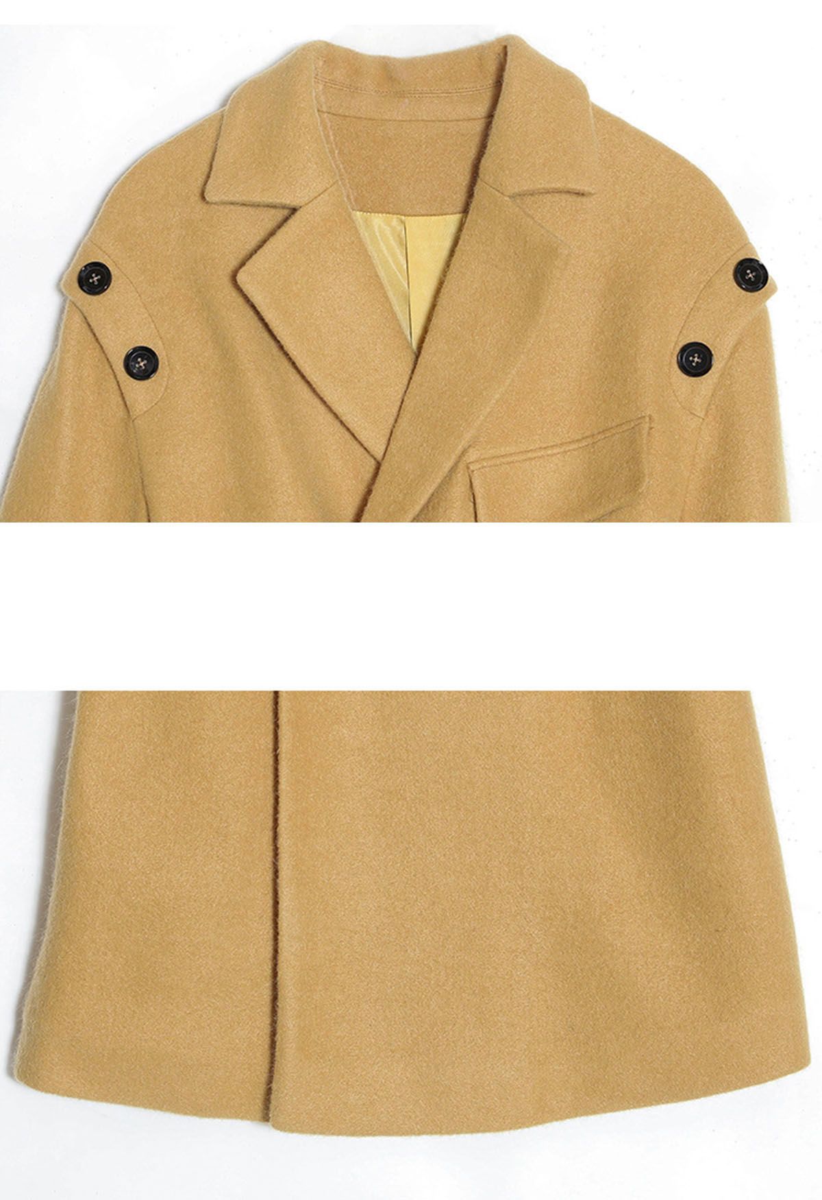 Manteau long ceinturé à double boutonnage et épaules boutonnées en moutarde