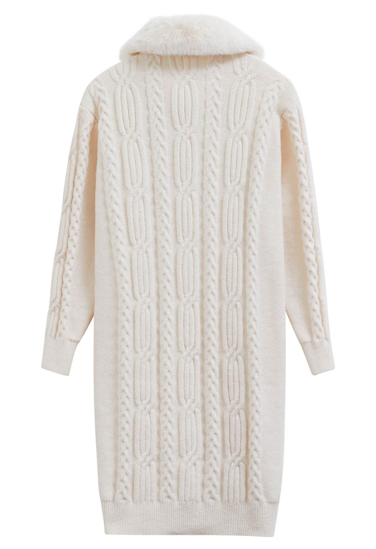 Cardigan long boutonné en tricot torsadé avec col en fausse fourrure en blanc