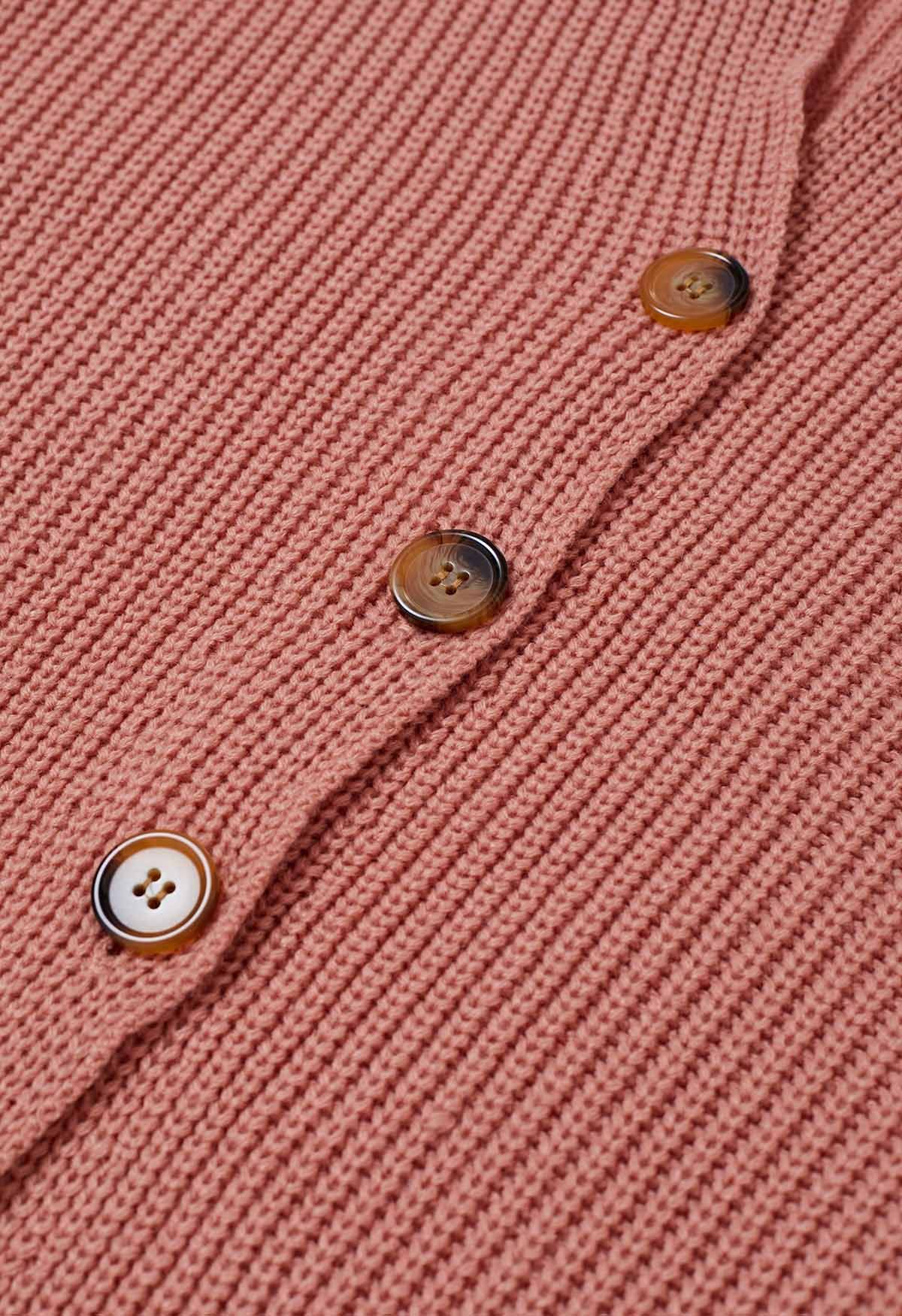 Cardigan long boutonné en tricot à col à rabat en corail