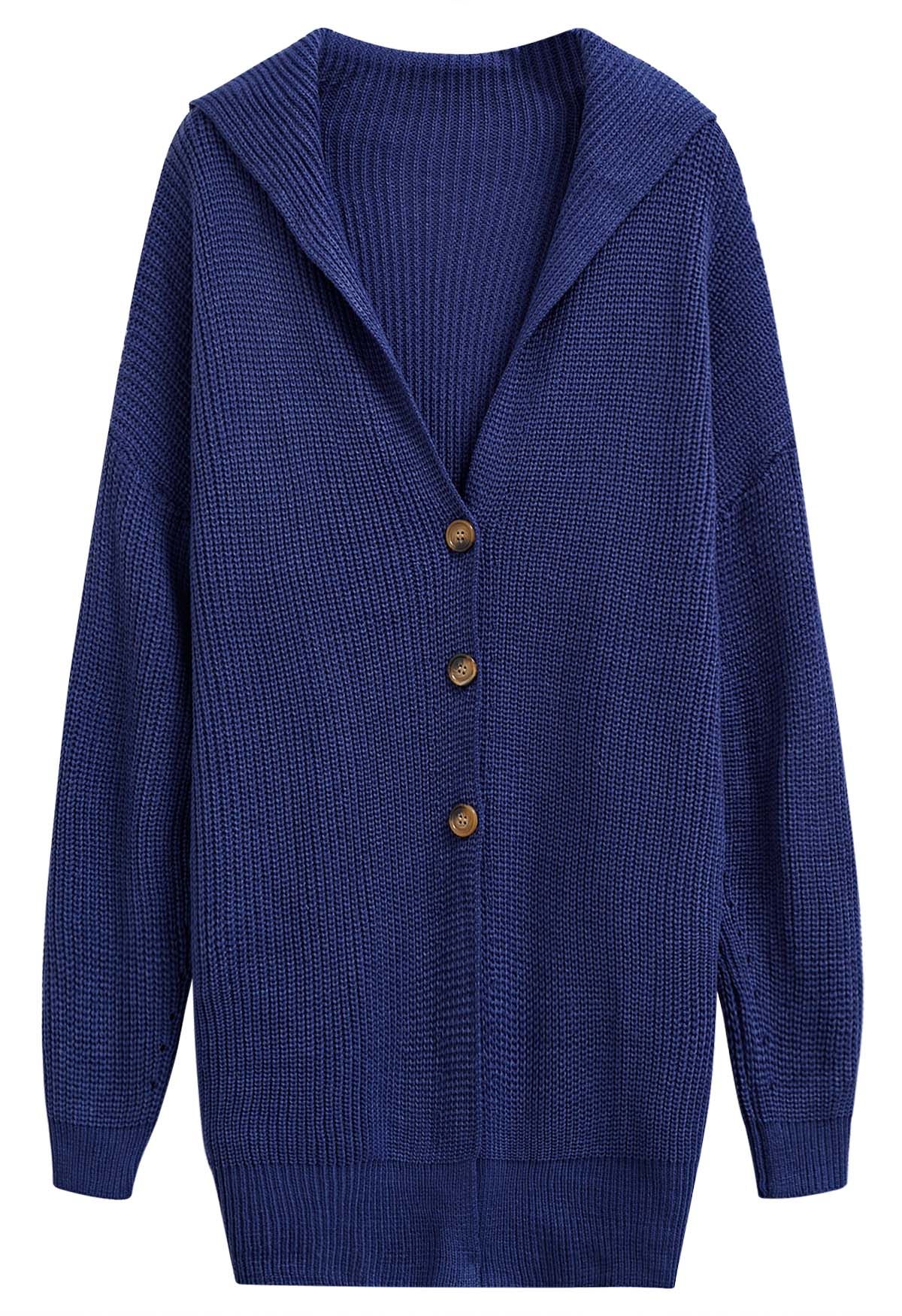 Cardigan long boutonné en tricot à col à rabat en bleu marine