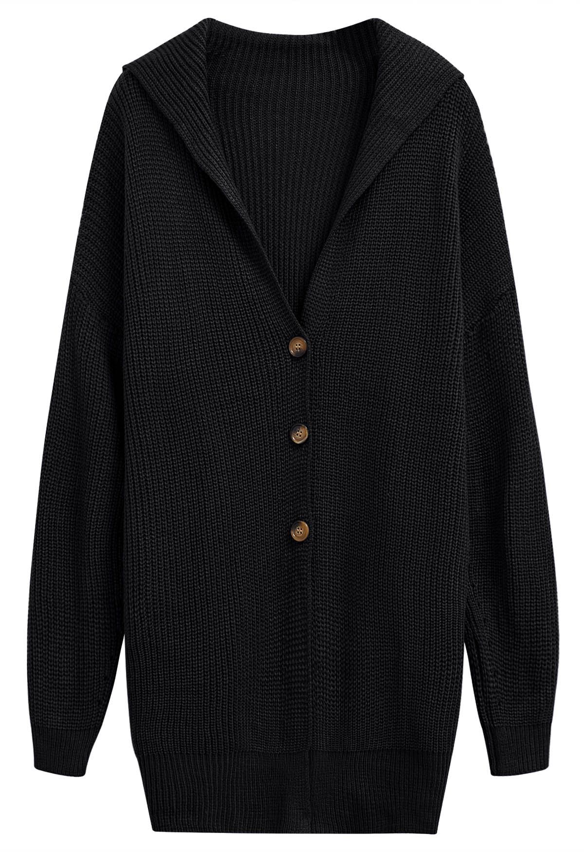 Cardigan long boutonné en tricot à col à rabat en noir