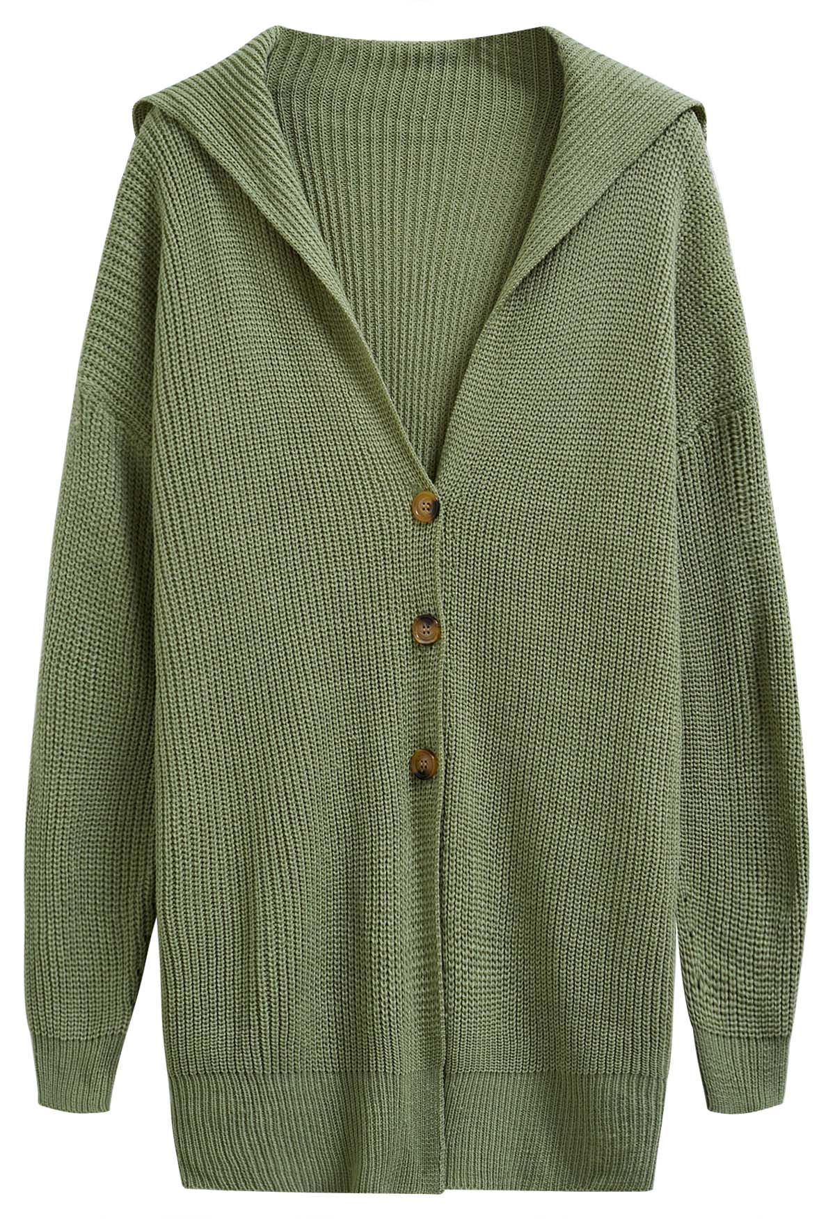 Cardigan long boutonné en tricot à col à rabat en vert