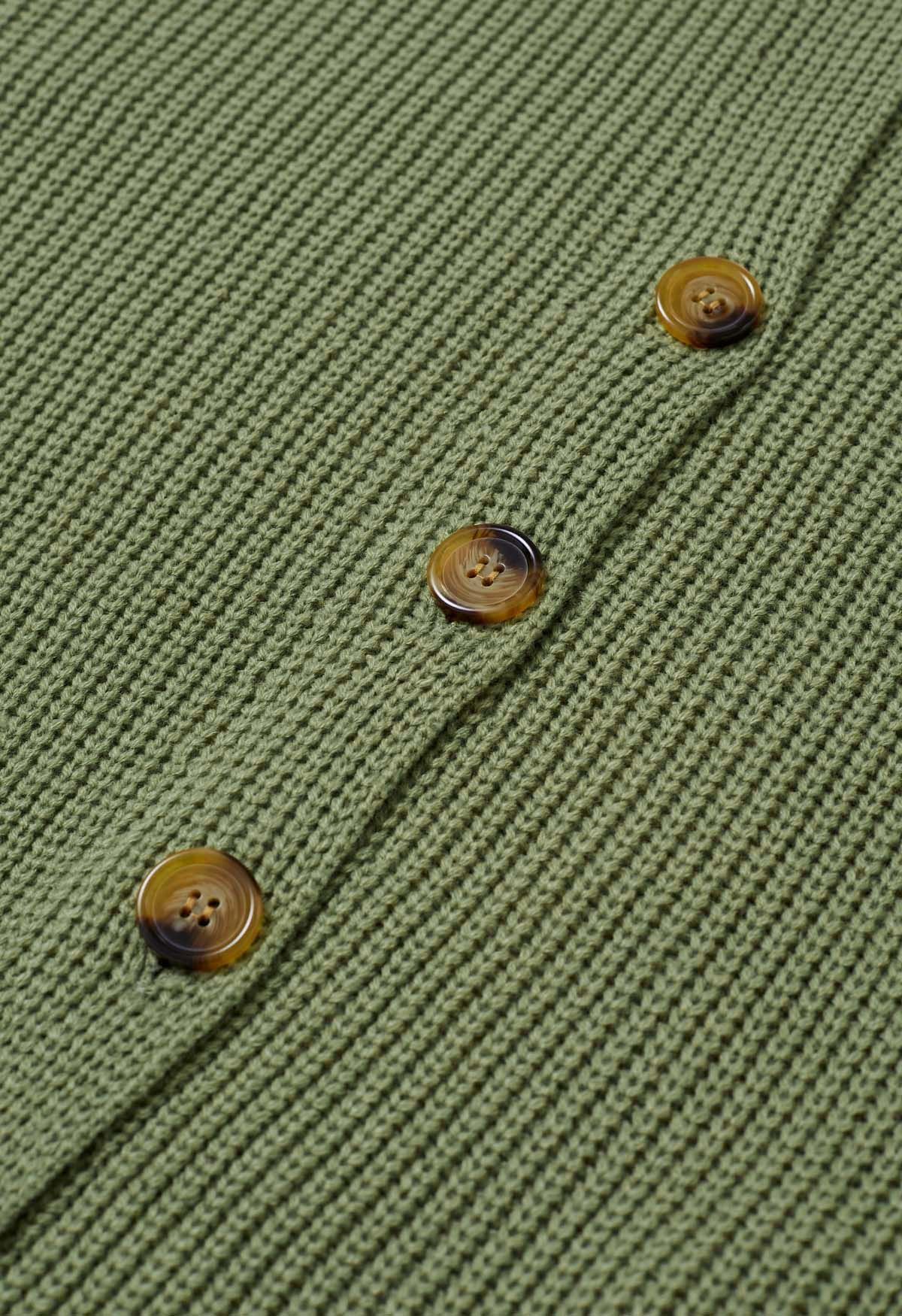 Cardigan long boutonné en tricot à col à rabat en vert