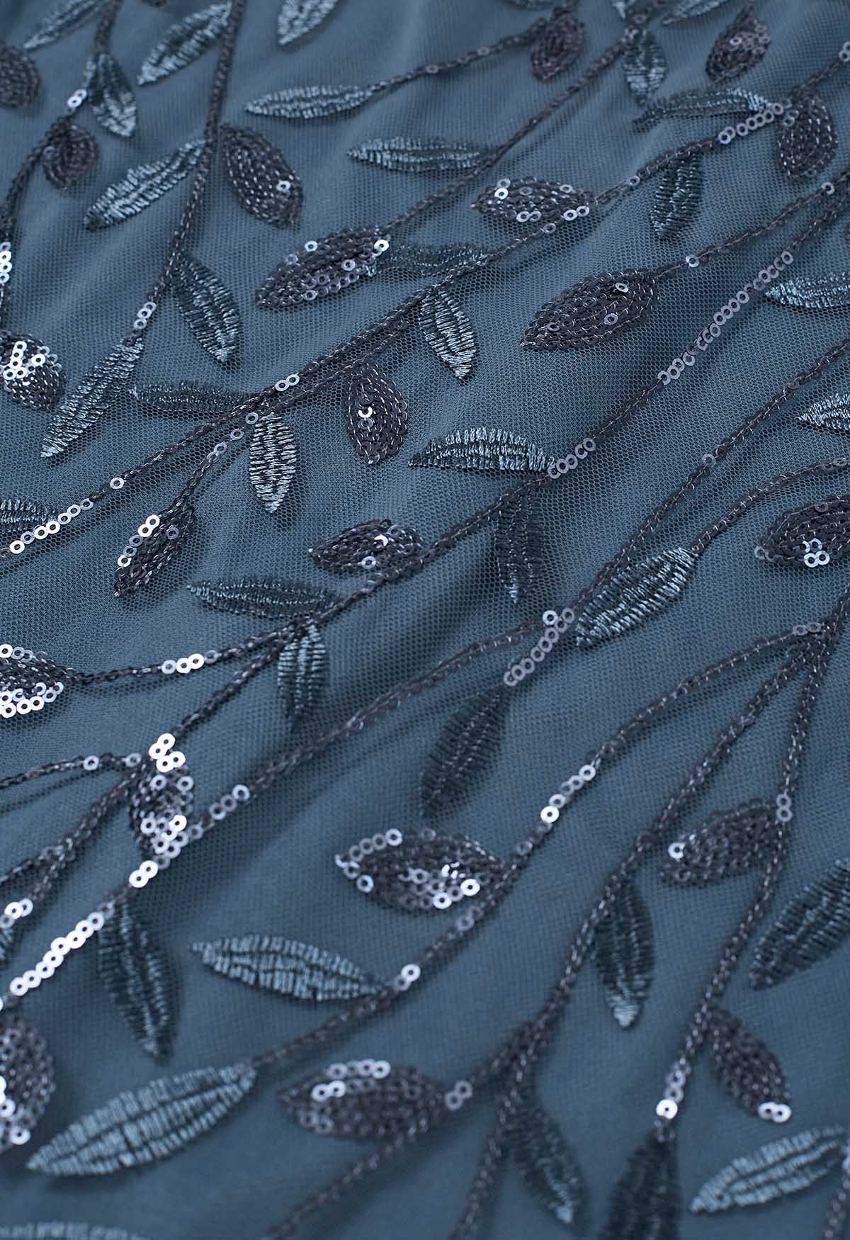 Robe à empiècements en maille et sequins Leaves Branch en bleu