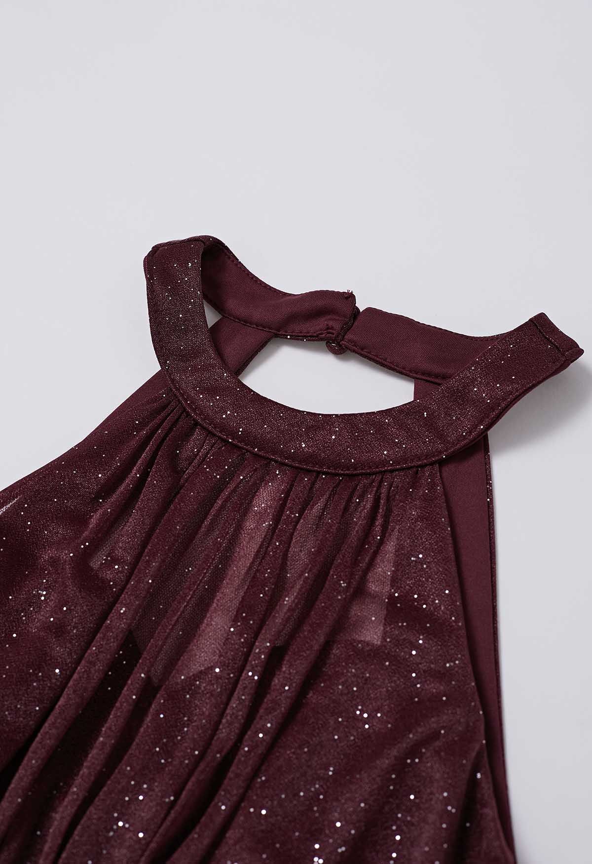 Robe dos nu bordeaux scintillante à col licou